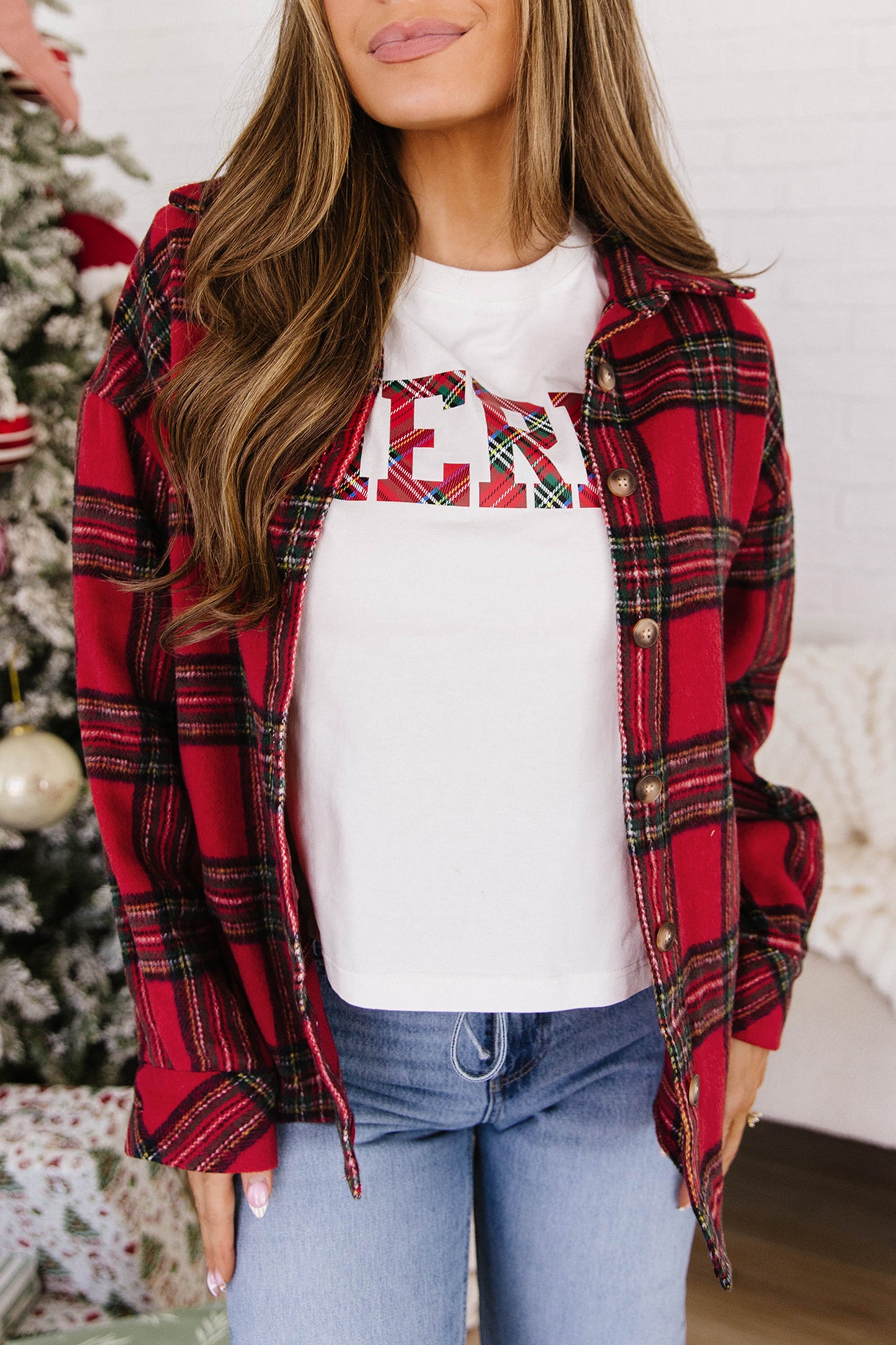 Red Plaid Button Front Shacket Outerwear