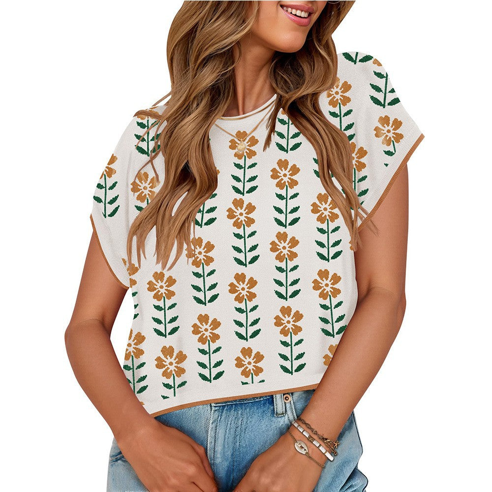 Women's ivory floral cap sleeve knit top