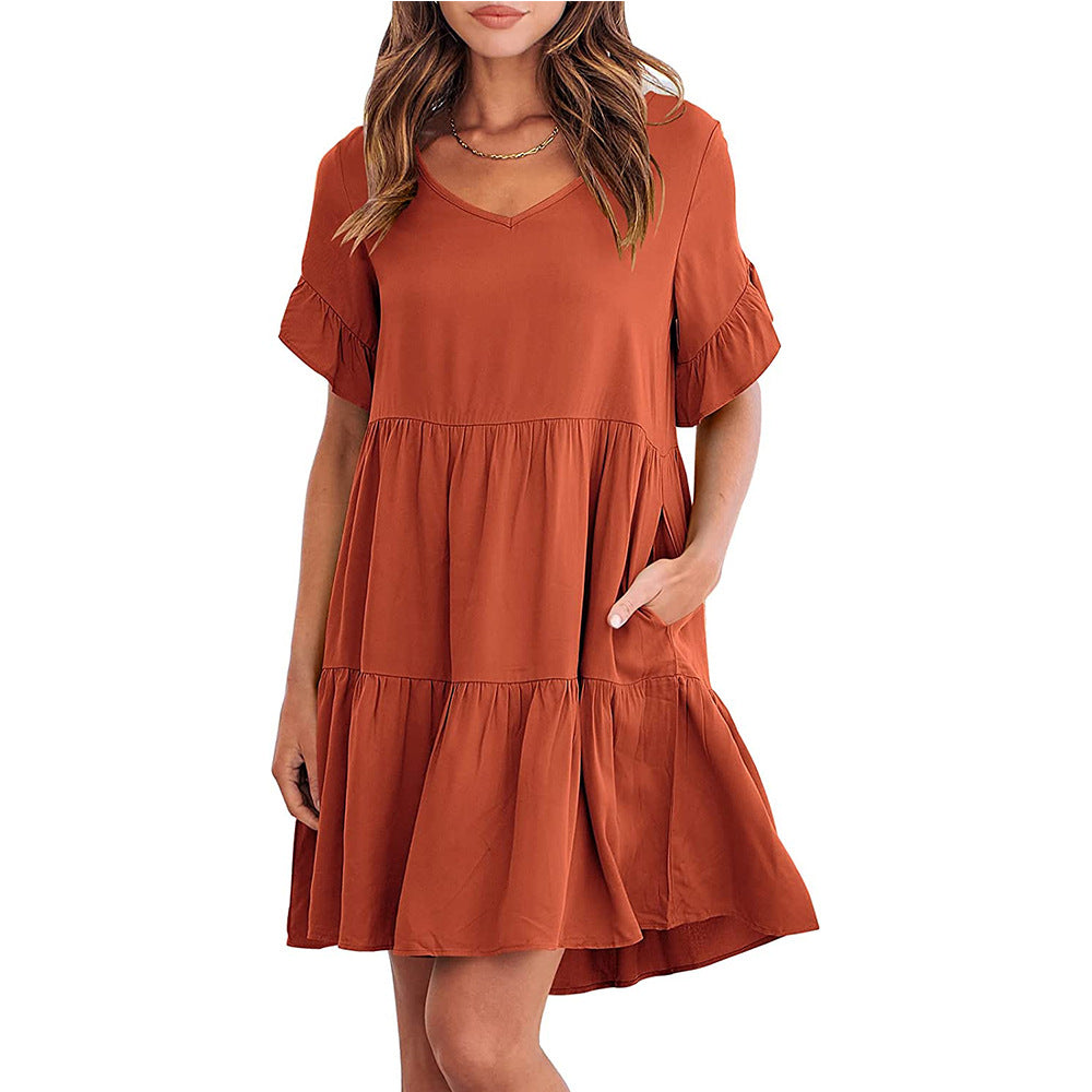 Women's V Neck Tiered Babydoll Dress – Loose Fit Ruffle Sleeve Summer Casual Mini Dress