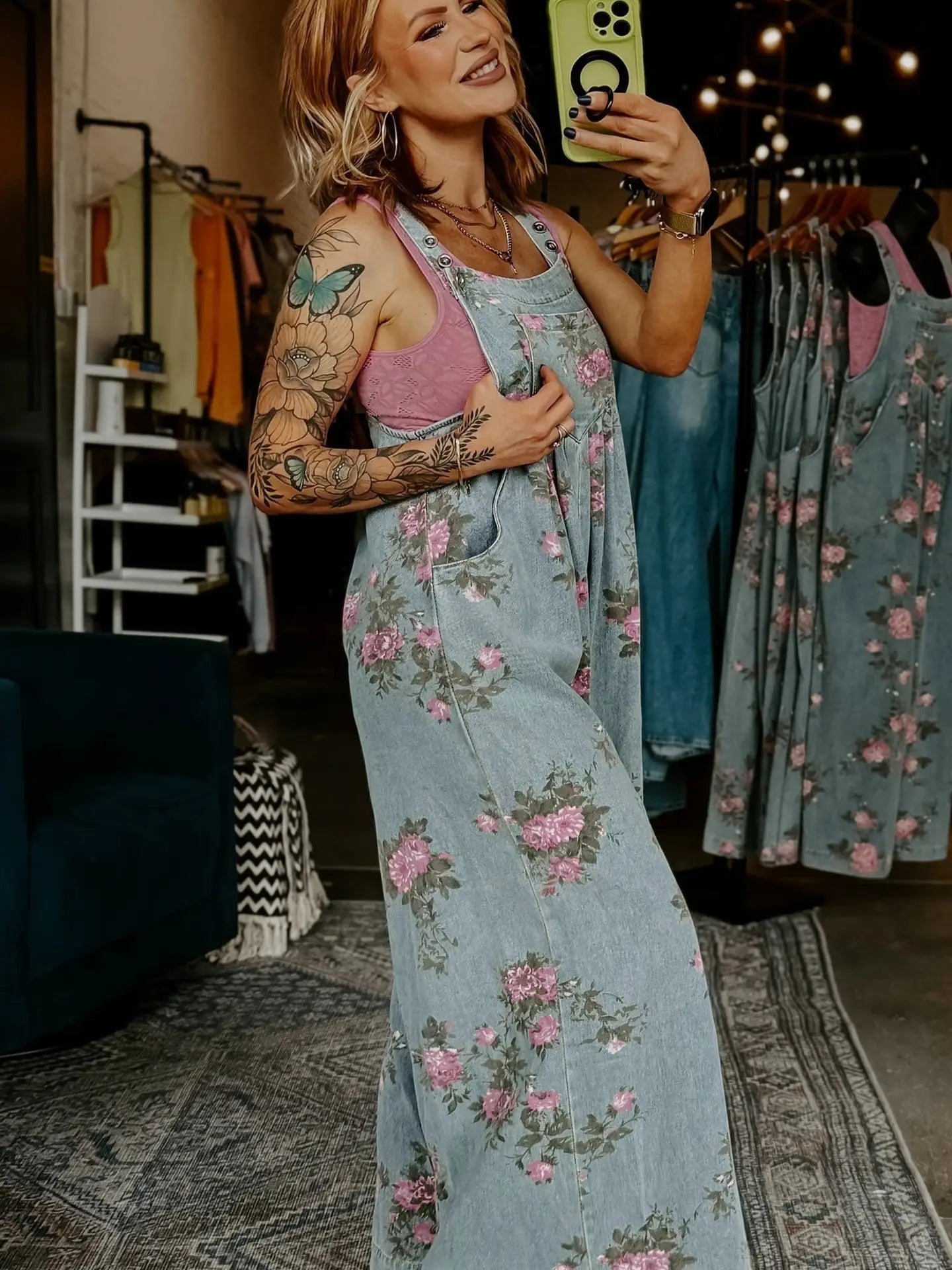 Beau Floral Print Pleated High Waist Wide Leg Denim Jumpsuit