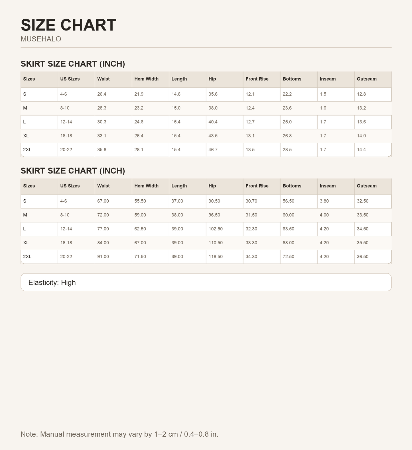 Beige Drawstring Tennis Skorts Size Chart