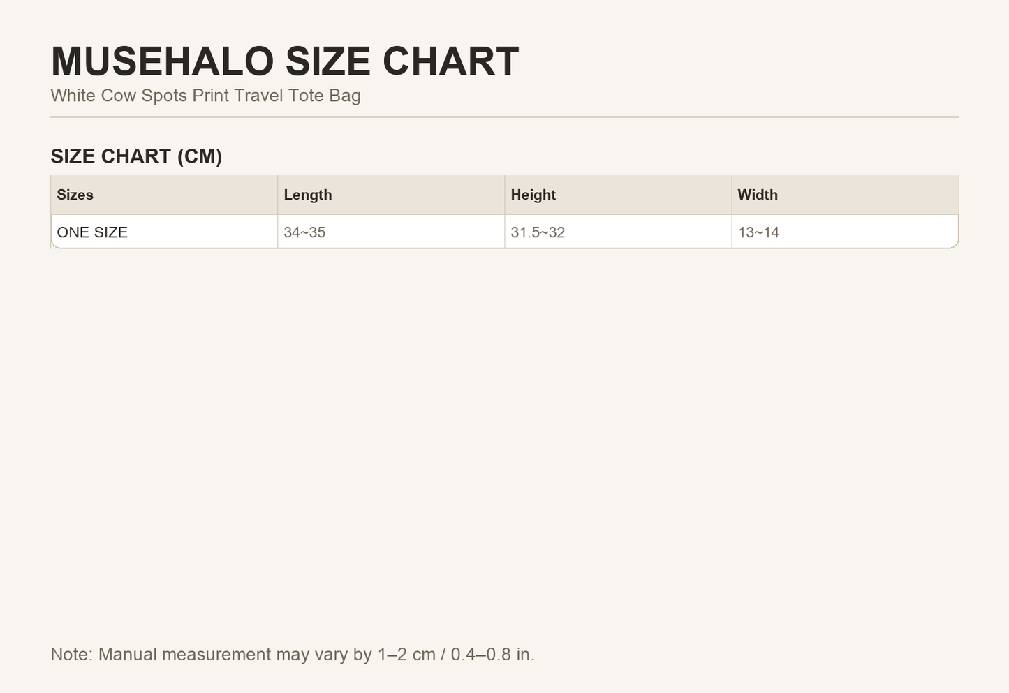 White Cow Spots Print Travel Tote Bag size chart