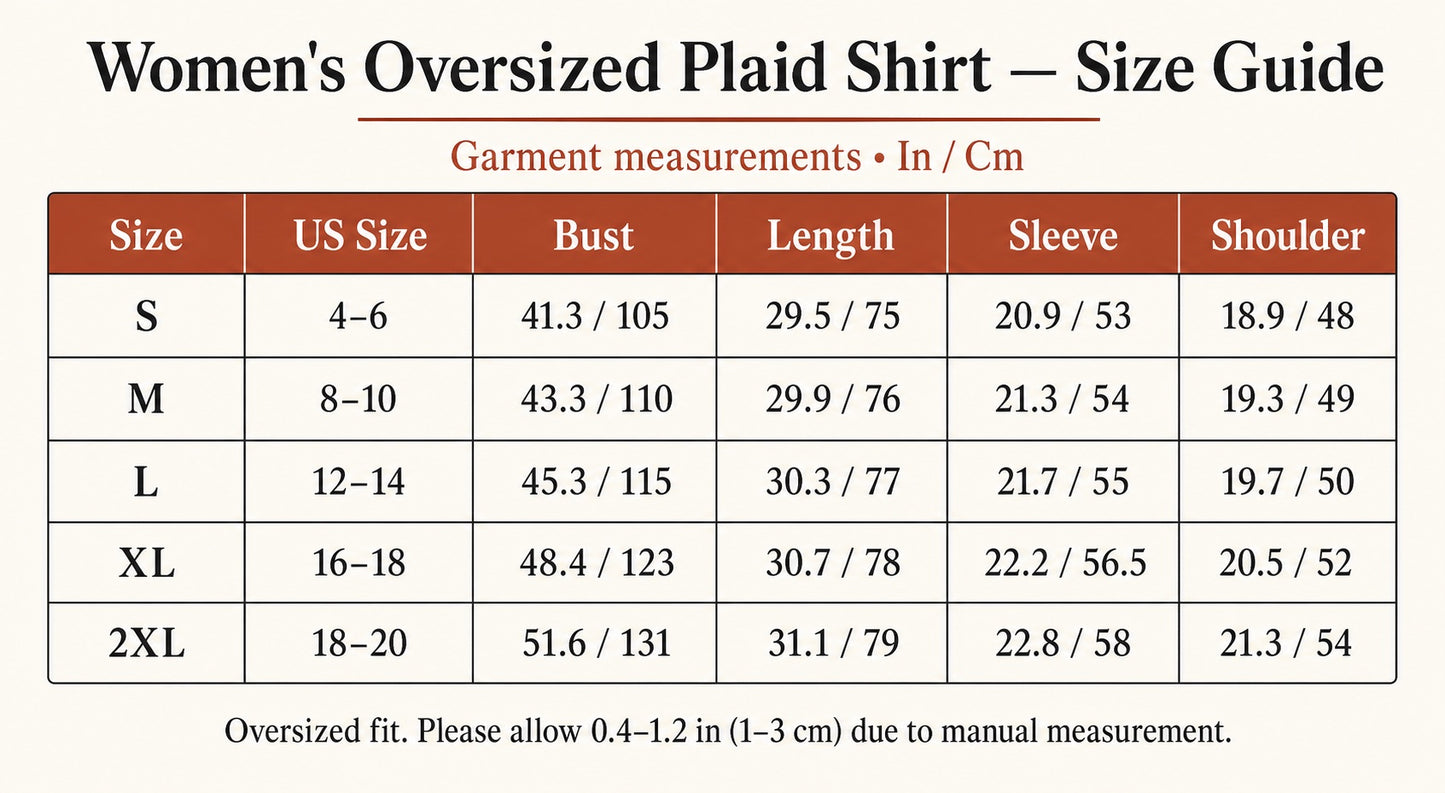 Women's oversized plaid shirt US size guide in inches and centimeters