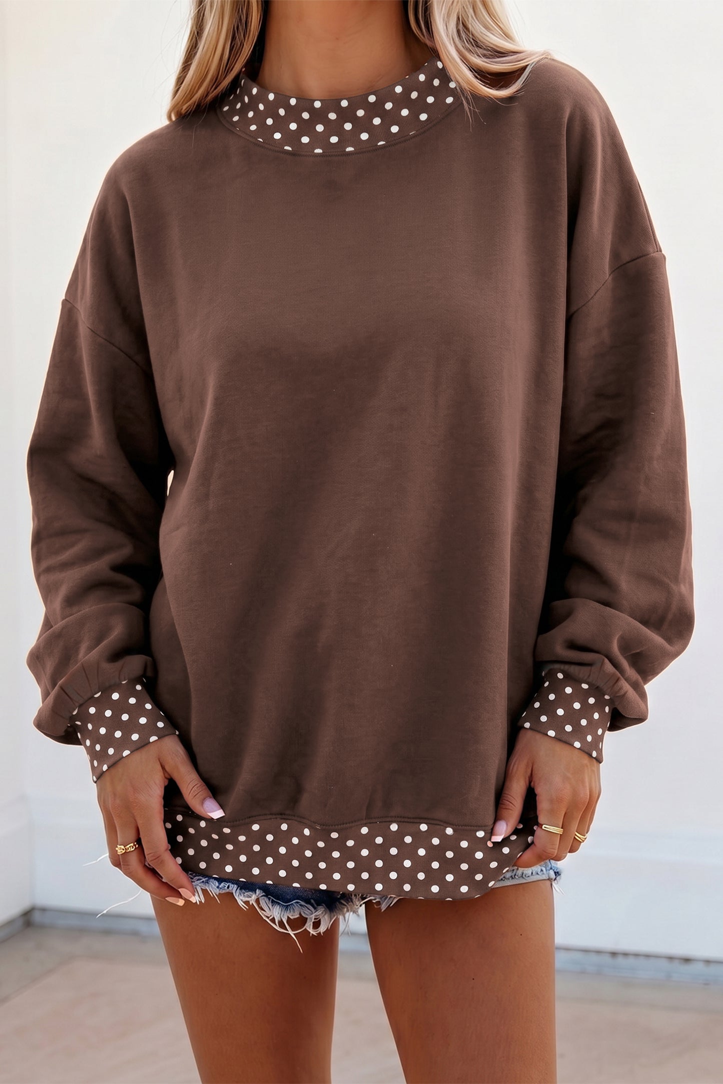 Orange Colorblock Polka Dot Contrast Trim Oversized Sweatshirt