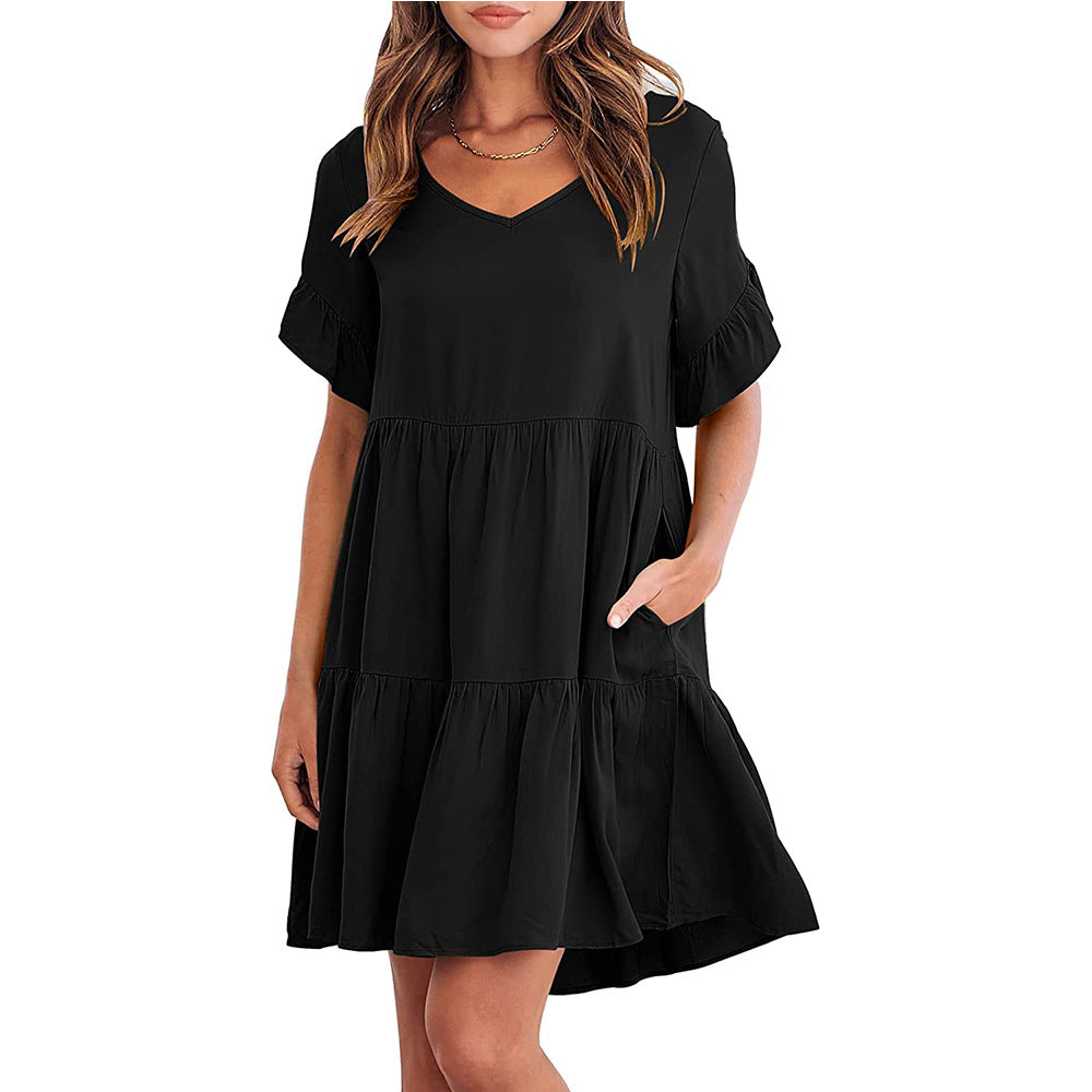 Women's V Neck Tiered Babydoll Dress – Loose Fit Ruffle Sleeve Summer Casual Mini Dress