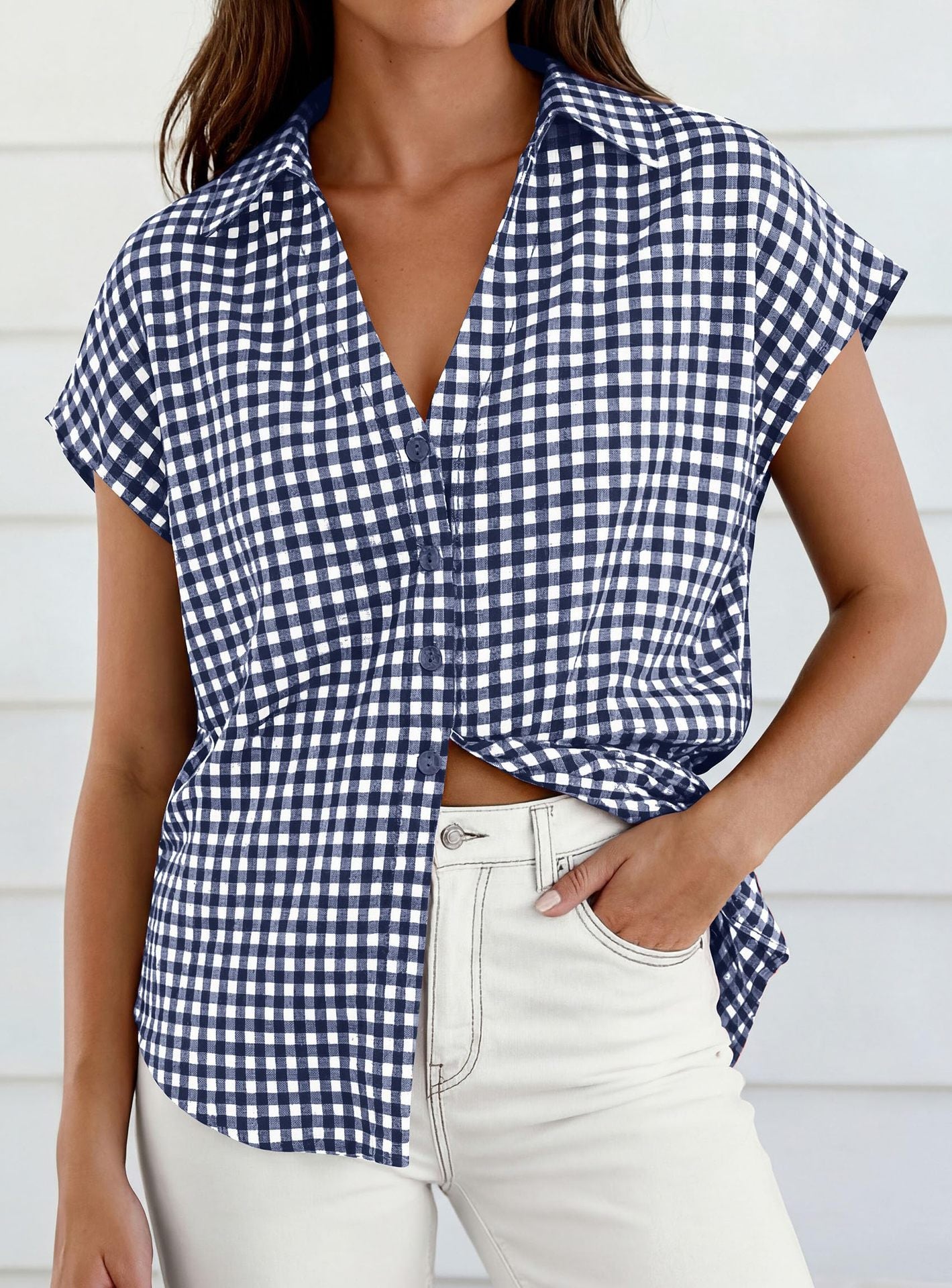 Women's Plaid Short Sleeve Button-Down Shirt – Relaxed Casual Blouse product photo 1
