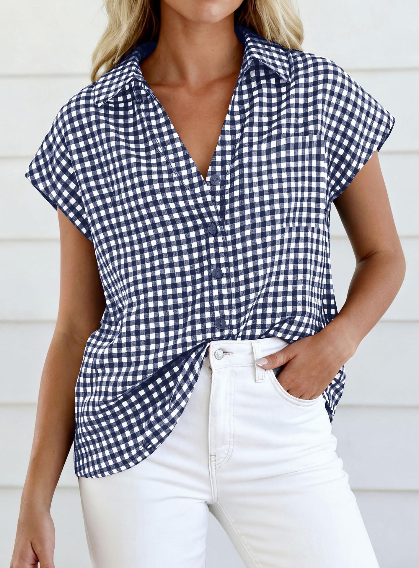 Women's Plaid Short Sleeve Button-Down Shirt – Relaxed Casual Blouse product photo 2