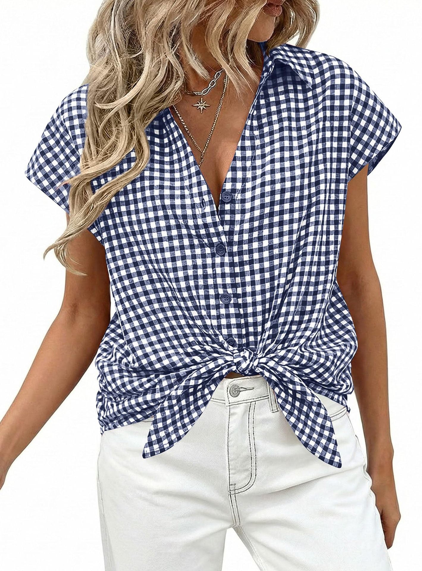 Women's Plaid Short Sleeve Button-Down Shirt – Relaxed Casual Blouse product photo 3