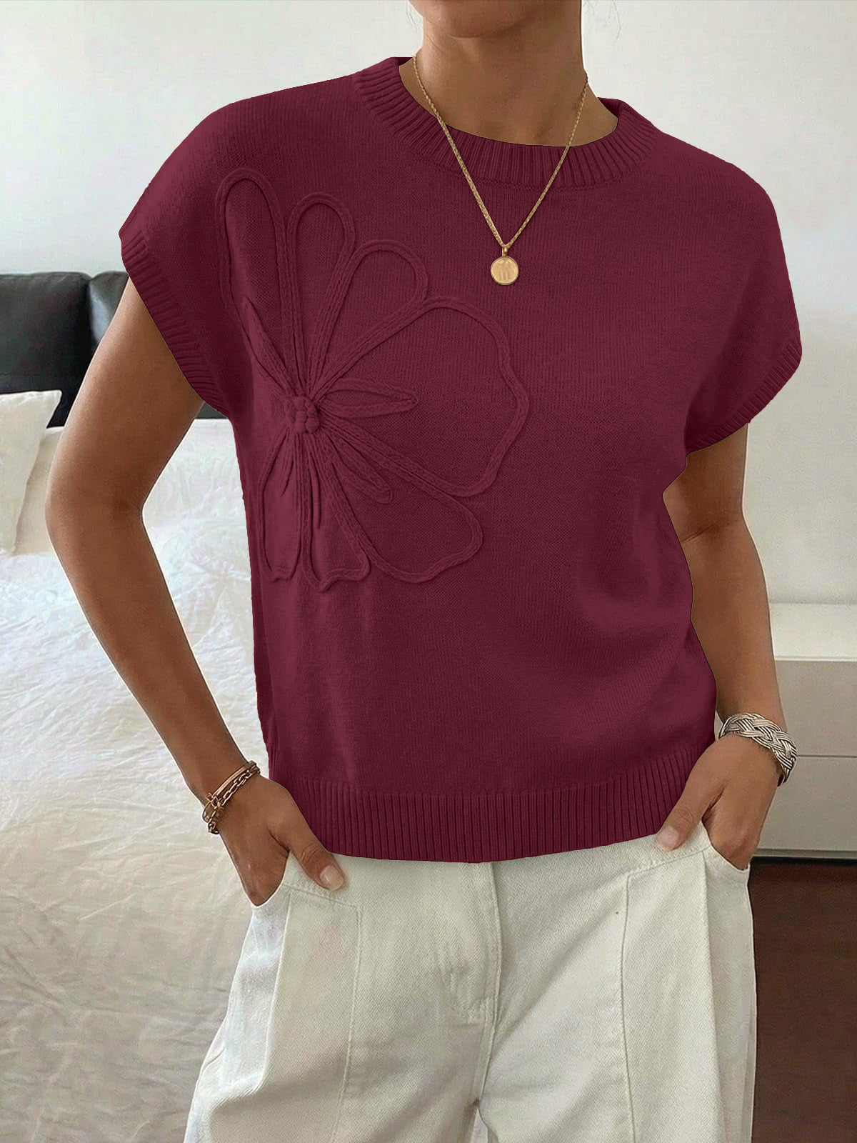 Women's Floral Textured Knit Top – Short Sleeve Crew Neck Sweater product photo 3