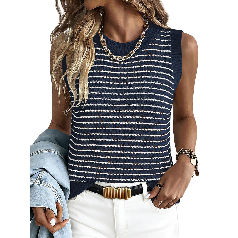 Women's Striped Open-Knit Sweater Vest – Sleeveless Crew Neck Tank Top product photo 2