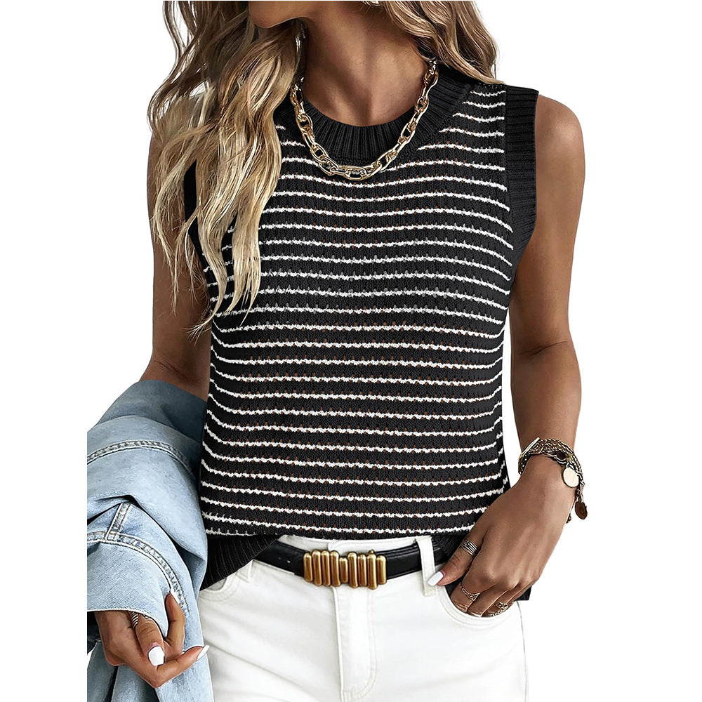 Women's Striped Open-Knit Sweater Vest – Sleeveless Crew Neck Tank Top product photo 3
