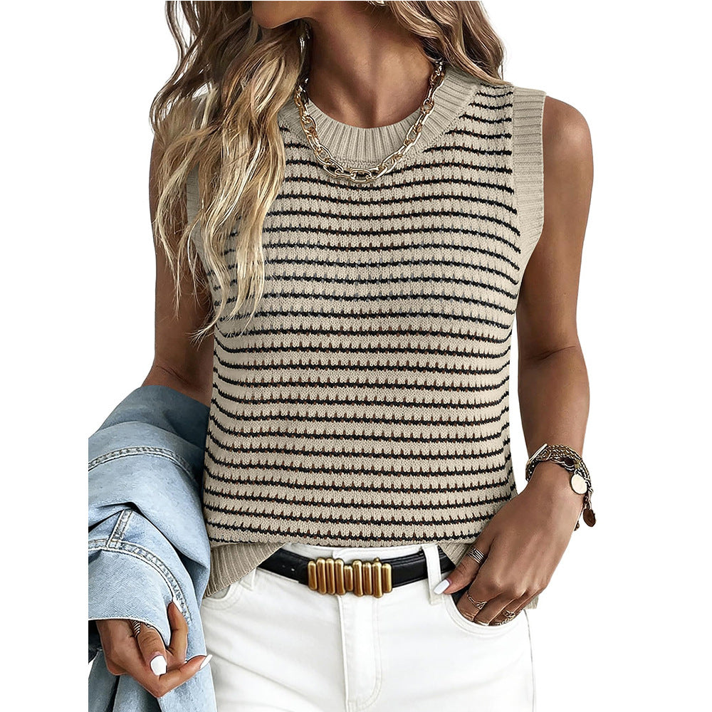 Women's Striped Open-Knit Sweater Vest – Sleeveless Crew Neck Tank Top product photo 4