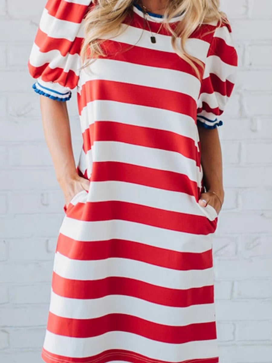 Women's Striped Puff Sleeve T-Shirt Dress – Relaxed A-Line Mini Dress 1