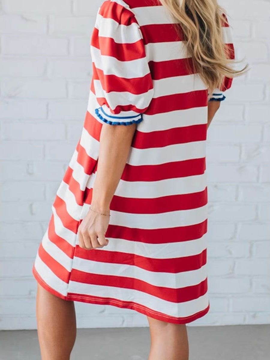 Women's Striped Puff Sleeve T-Shirt Dress – Relaxed A-Line Mini Dress 4