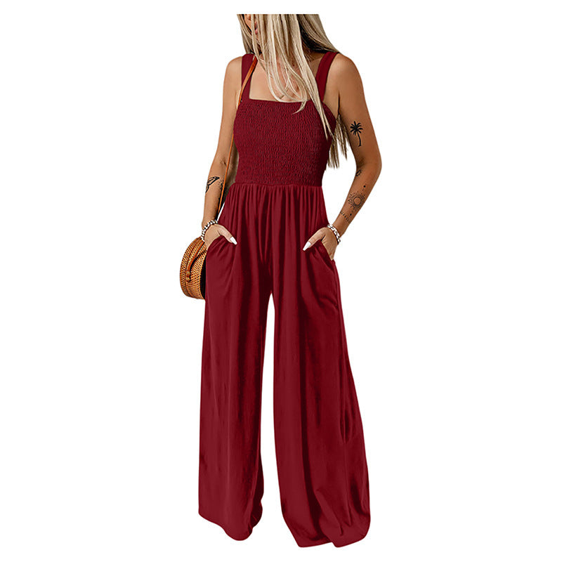 Women's Smocked Wide-Leg Jumpsuit – Sleeveless High-Waist Pocket Romper (Fashion Colors) product image 2