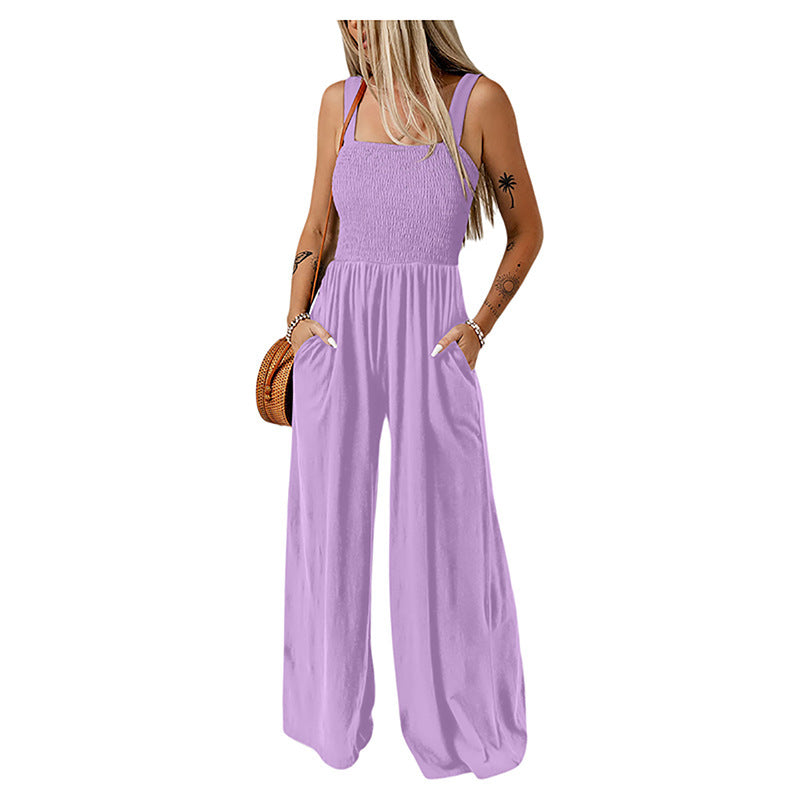 Women's Smocked Wide-Leg Jumpsuit – Sleeveless High-Waist Pocket Romper (Fashion Colors) product image 3