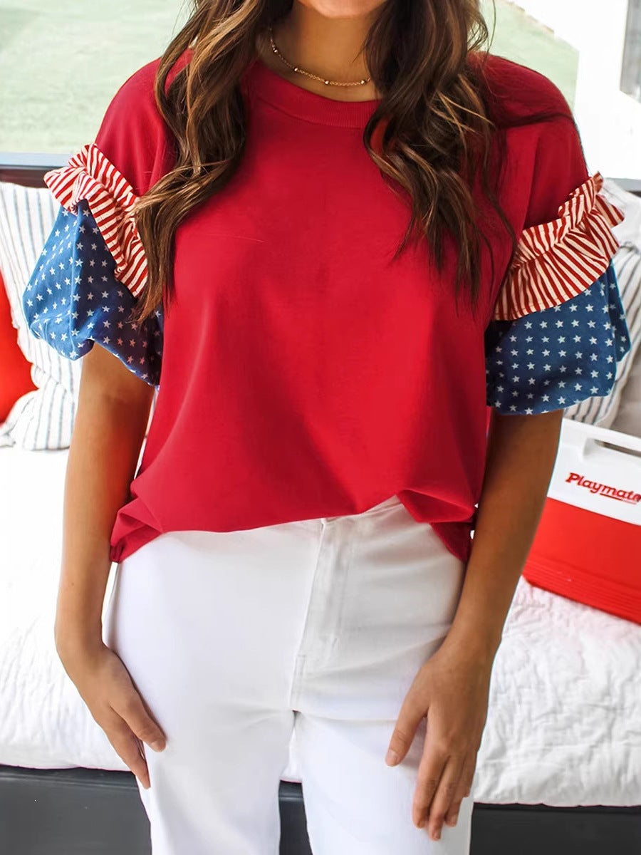 Women's Color Block Puff Sleeve T-Shirt – Relaxed Crew Neck Summer Top 1