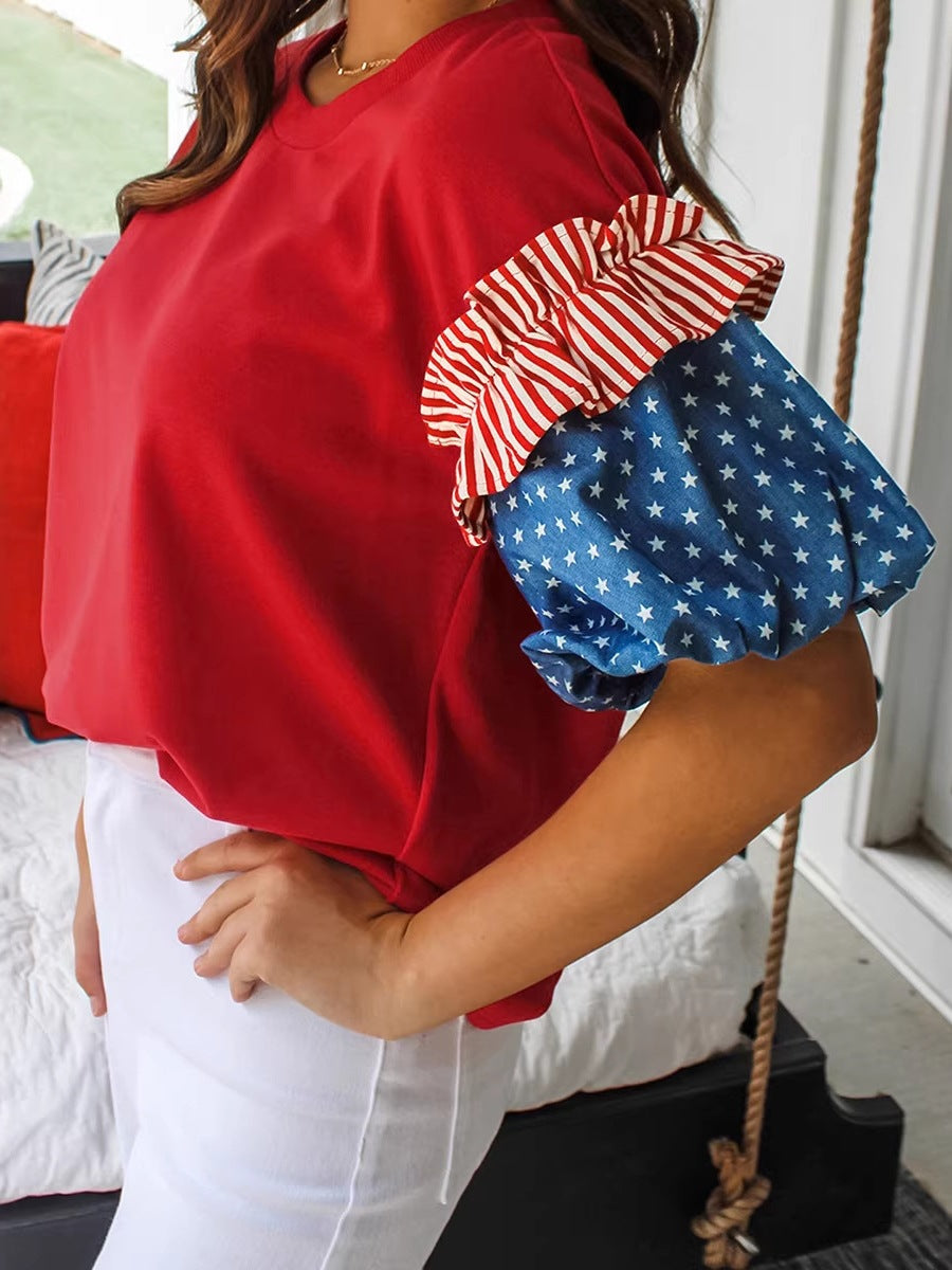 Women's Color Block Puff Sleeve T-Shirt – Relaxed Crew Neck Summer Top 2