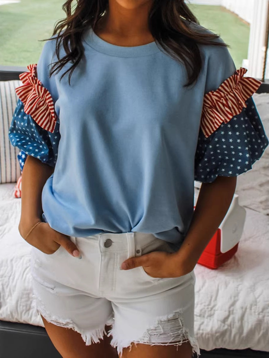 Women's Color Block Puff Sleeve T-Shirt – Relaxed Crew Neck Summer Top 3