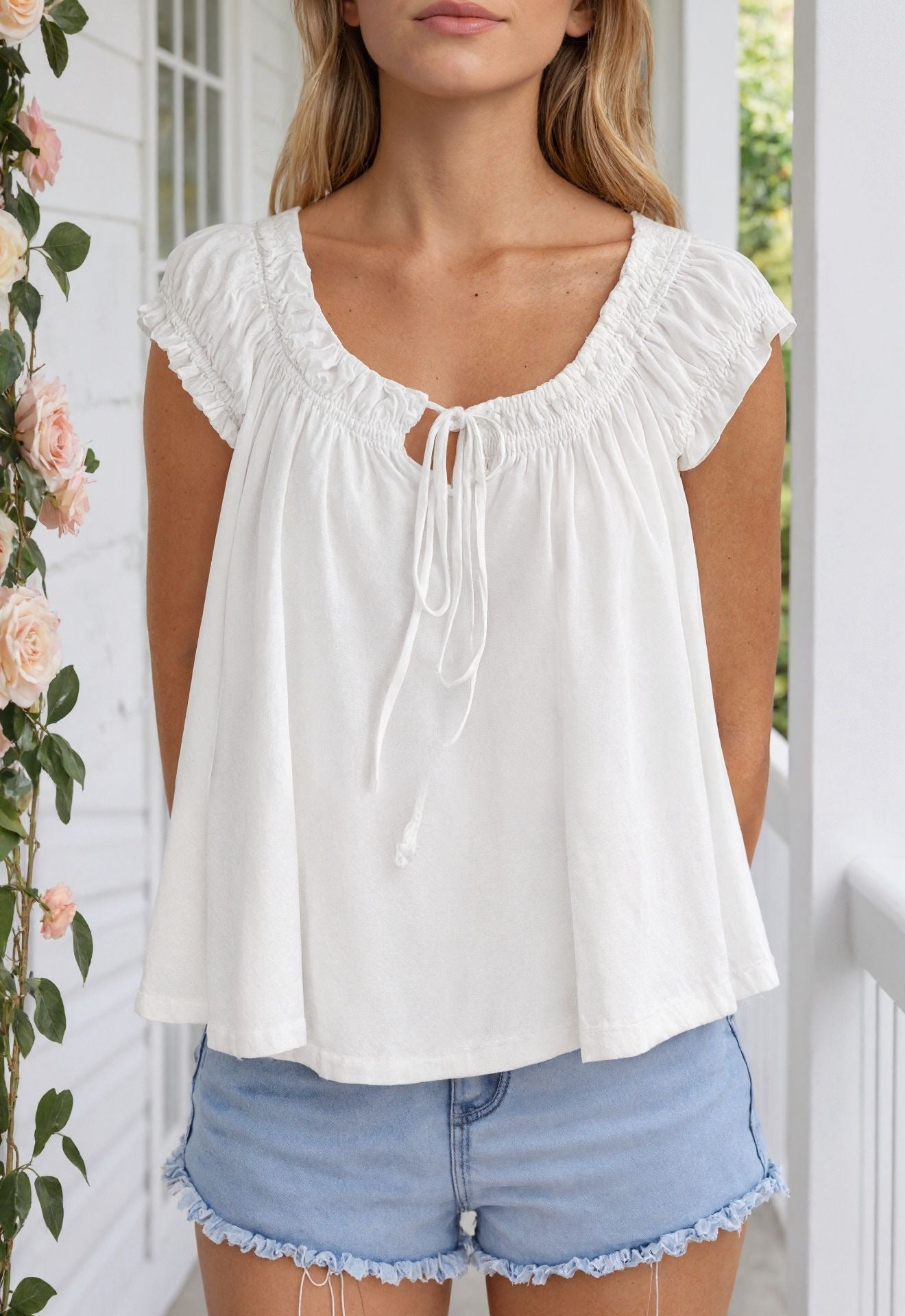 Women's Ruched Tie-Front Tank Top – Sleeveless Relaxed Summer Blouse product photo 2