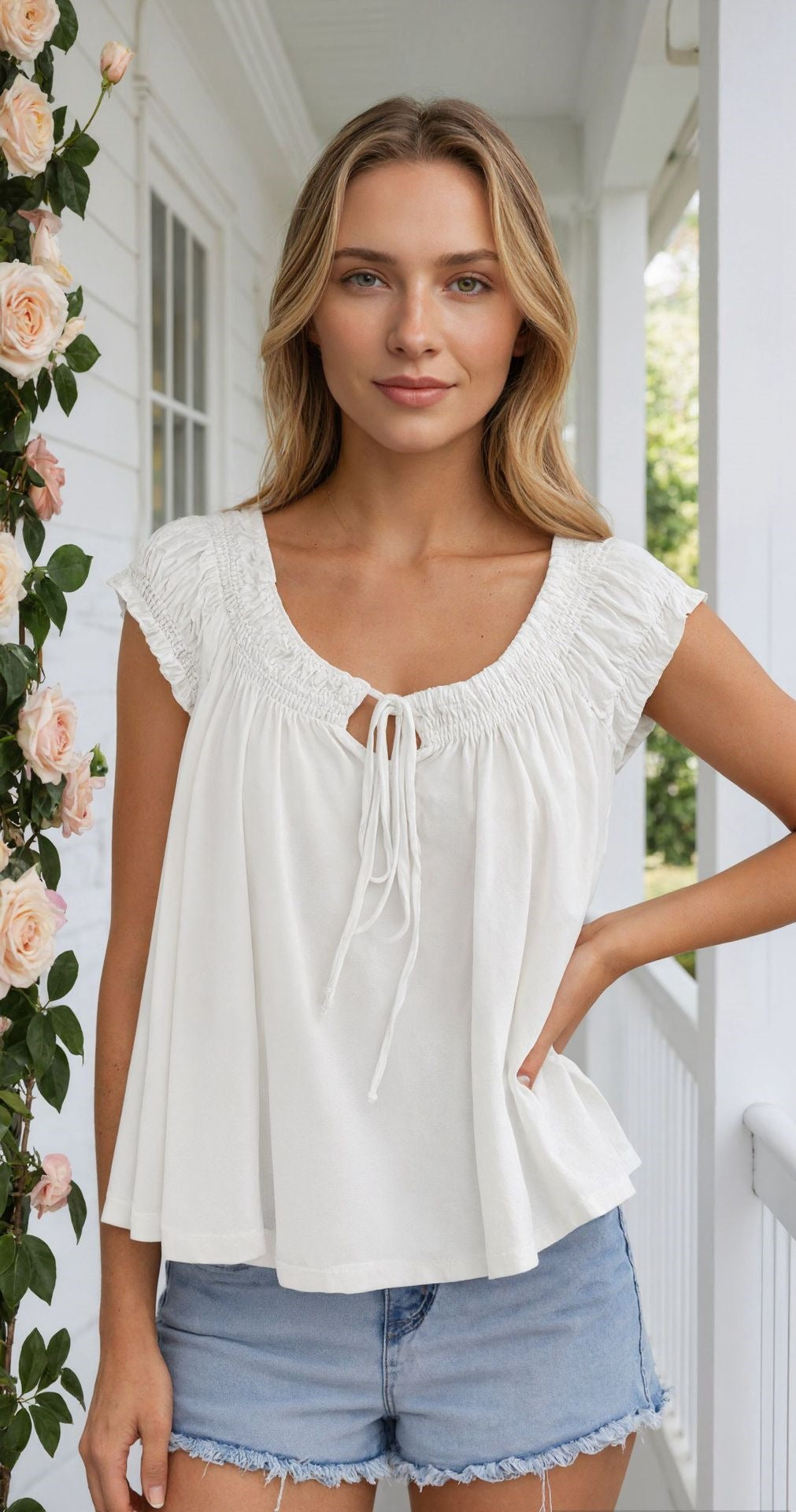 Women's Ruched Tie-Front Tank Top – Sleeveless Relaxed Summer Blouse product photo 3