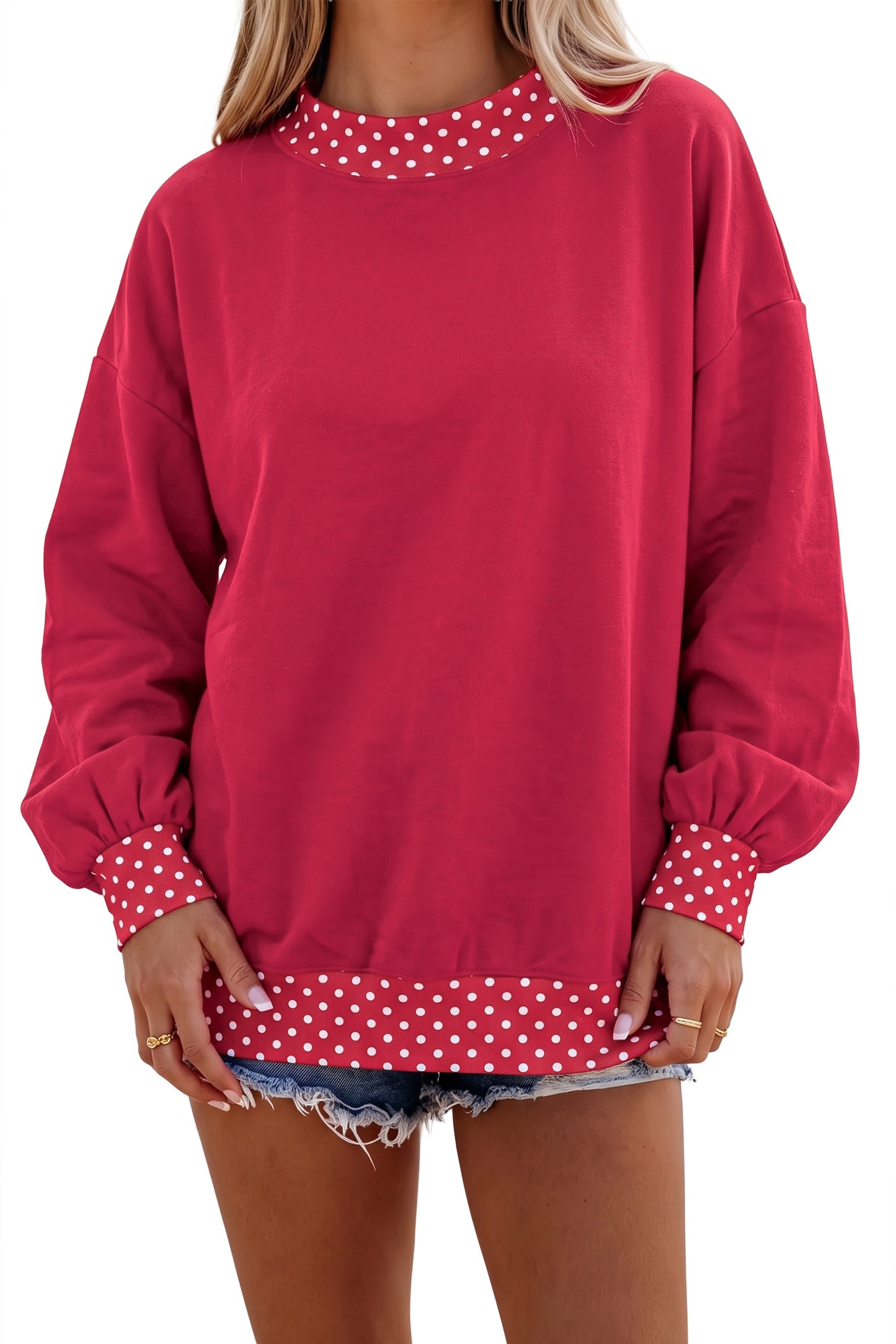Orange Colorblock Polka Dot Contrast Trim Oversized Sweatshirt
