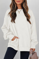 White Solid Color Textured Round Neck Drop Shoulder Pullover Sweatshirt