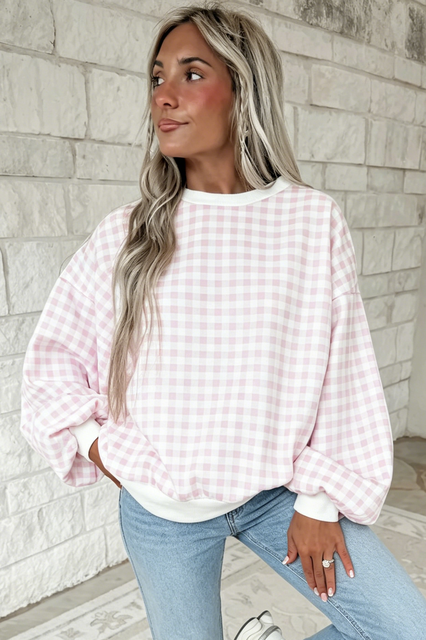 Light Blue Plaid Round Neck Long Sleeve Sweatshirt