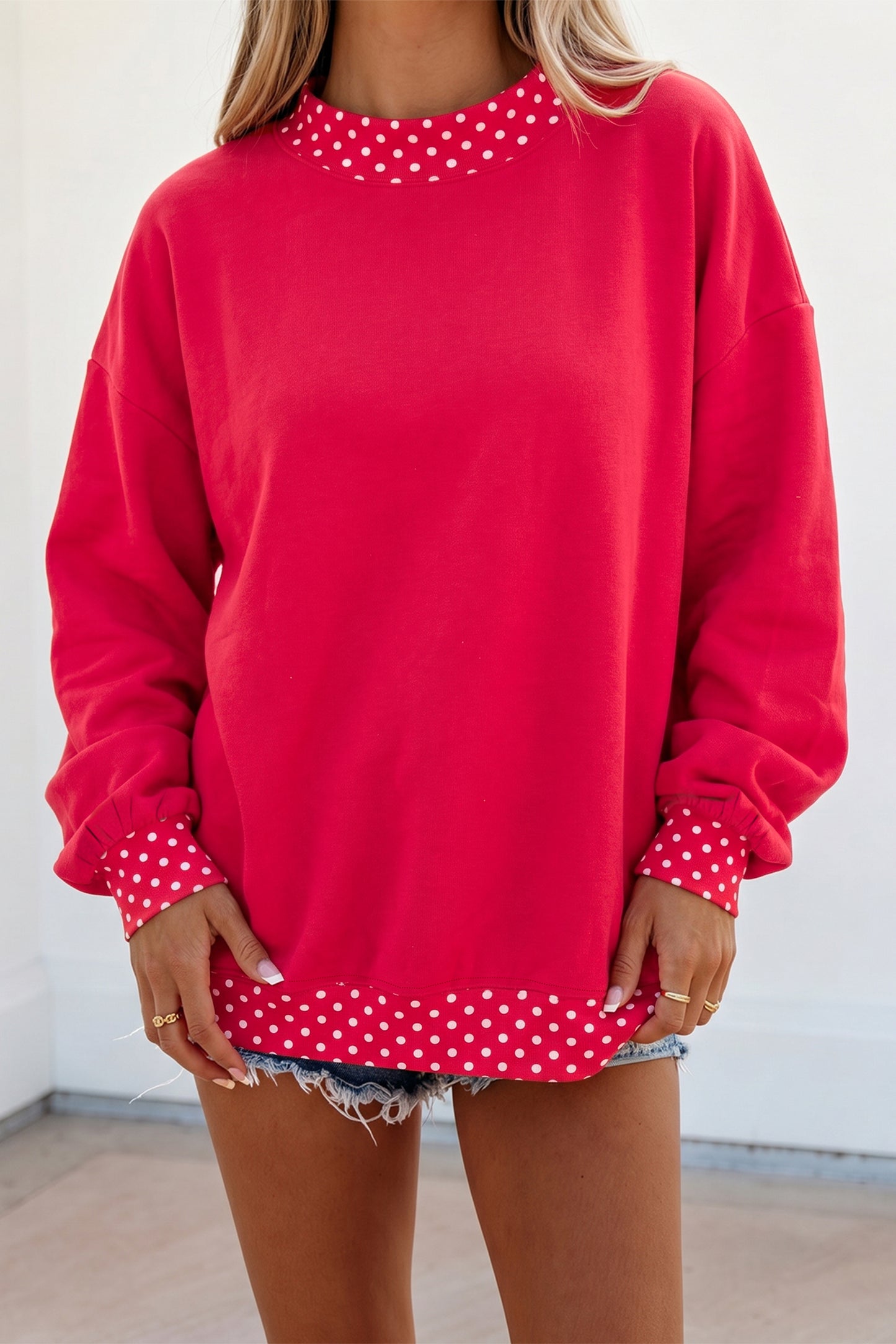 Orange Colorblock Polka Dot Contrast Trim Oversized Sweatshirt