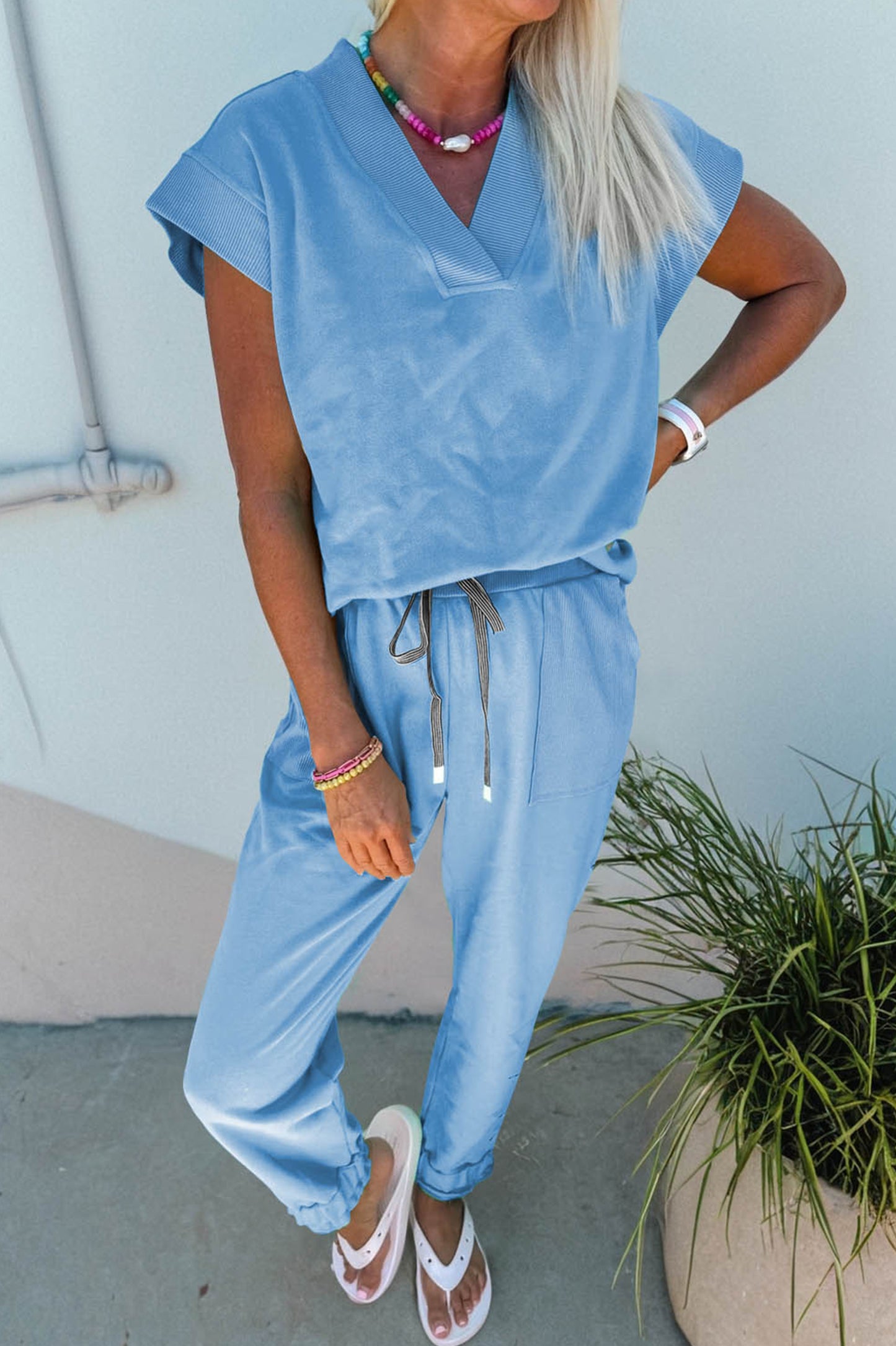 Mint Green Solid Color V Neck Tee Drawstring Pant Set