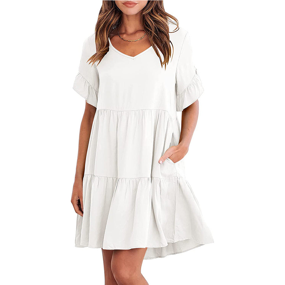 Women's V Neck Tiered Babydoll Dress – Loose Fit Ruffle Sleeve Summer Casual Mini Dress