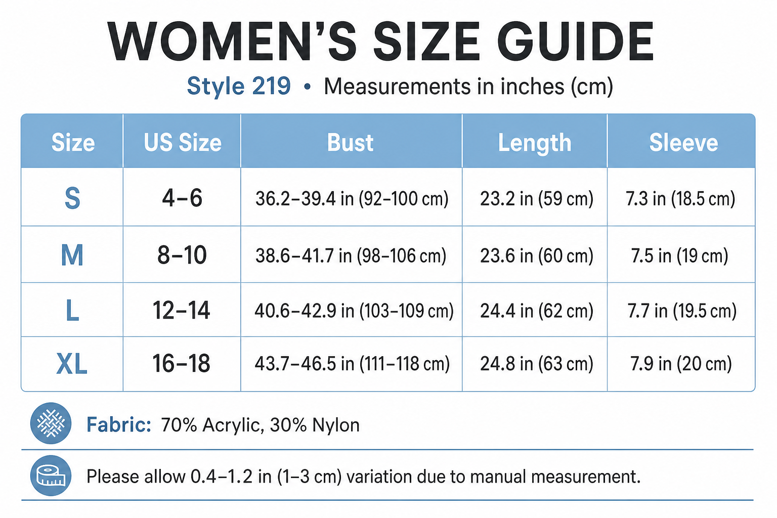 Style 219 women's US size guide