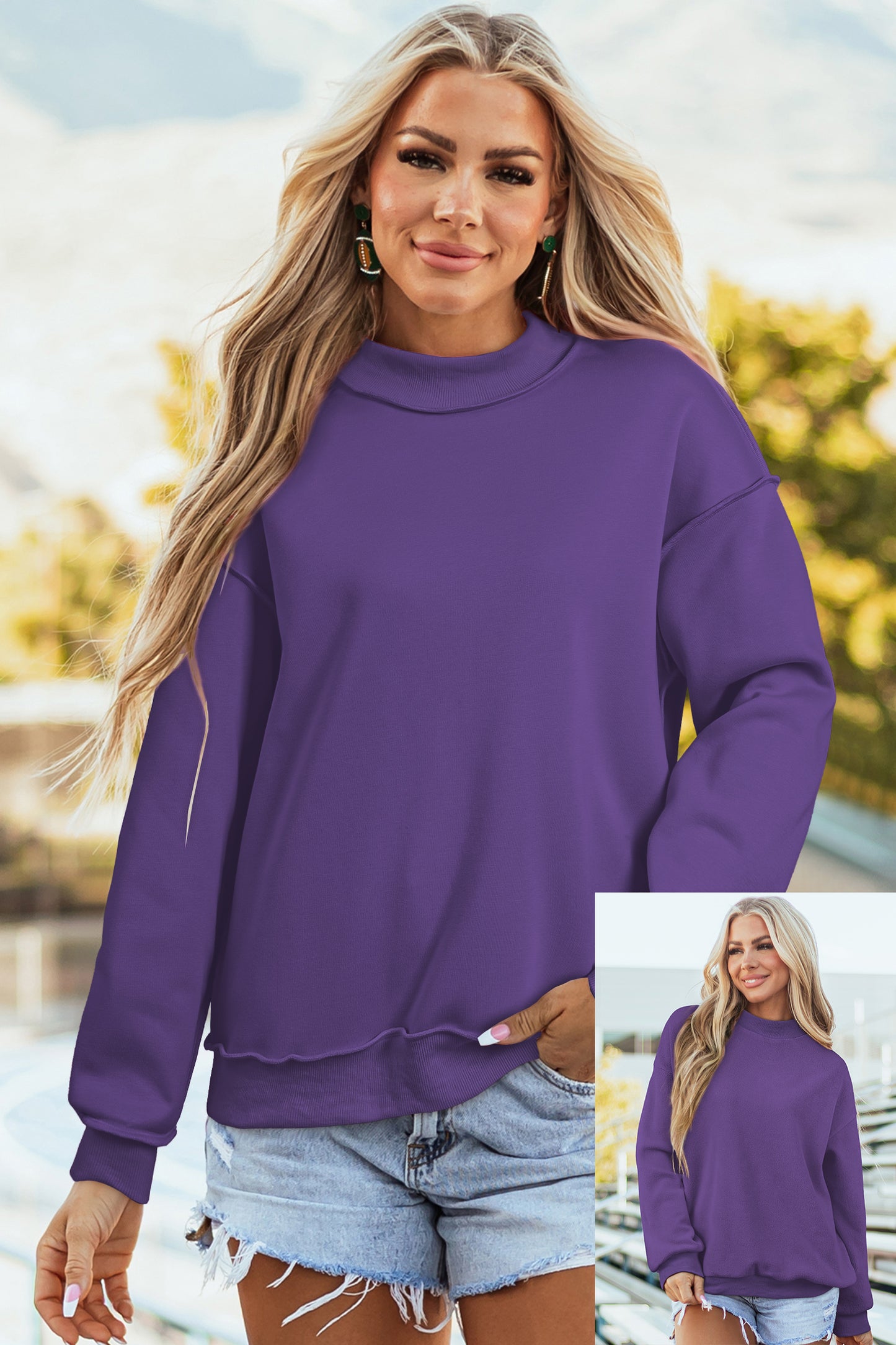 Dark Blue Oversize Drop Shoulder Reversible Mock Neck Sweatshirt