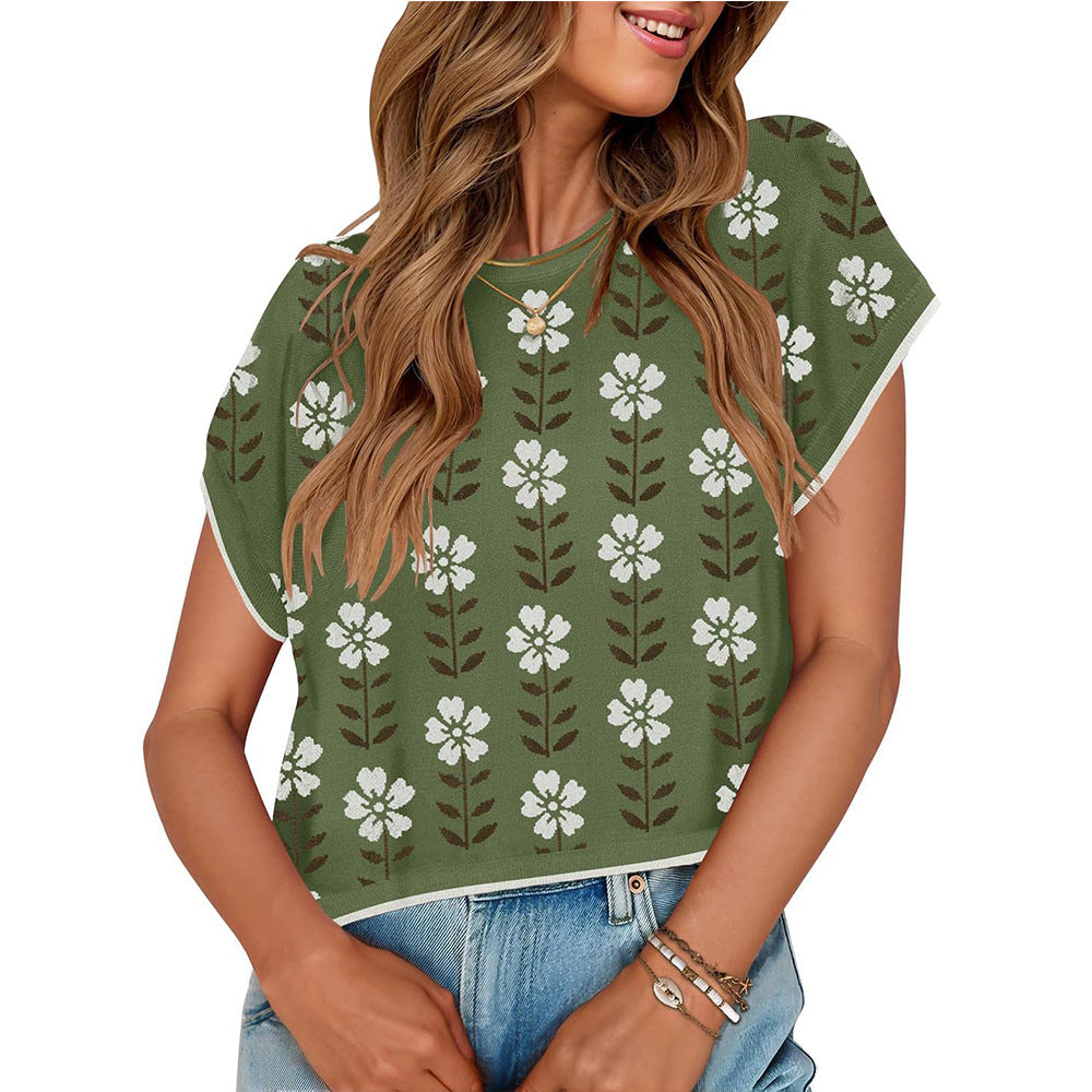 Women's olive floral cap sleeve knit top