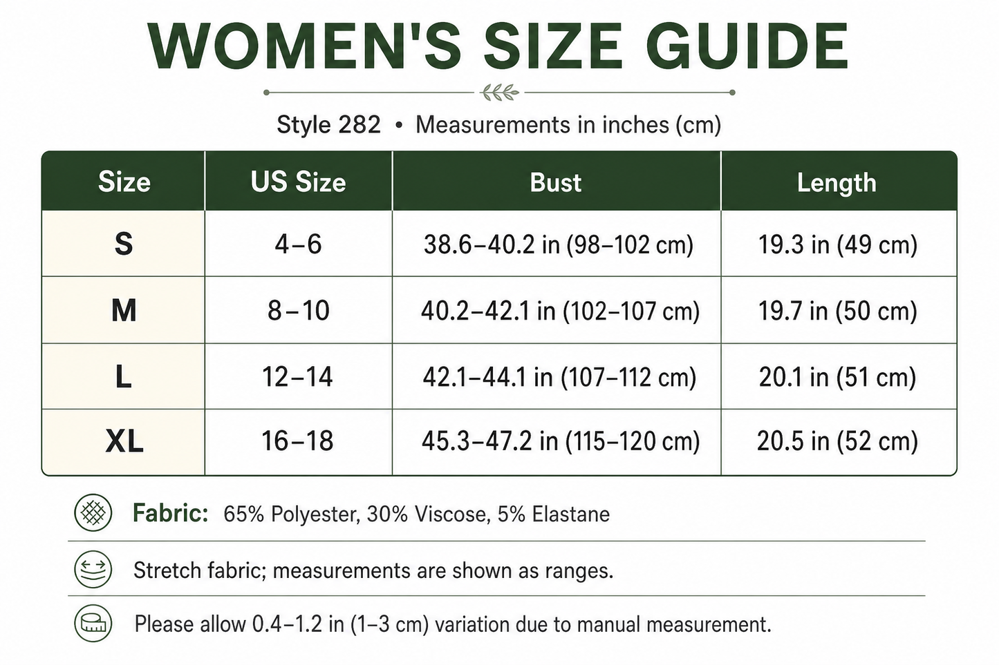 Style 282 women's US size guide