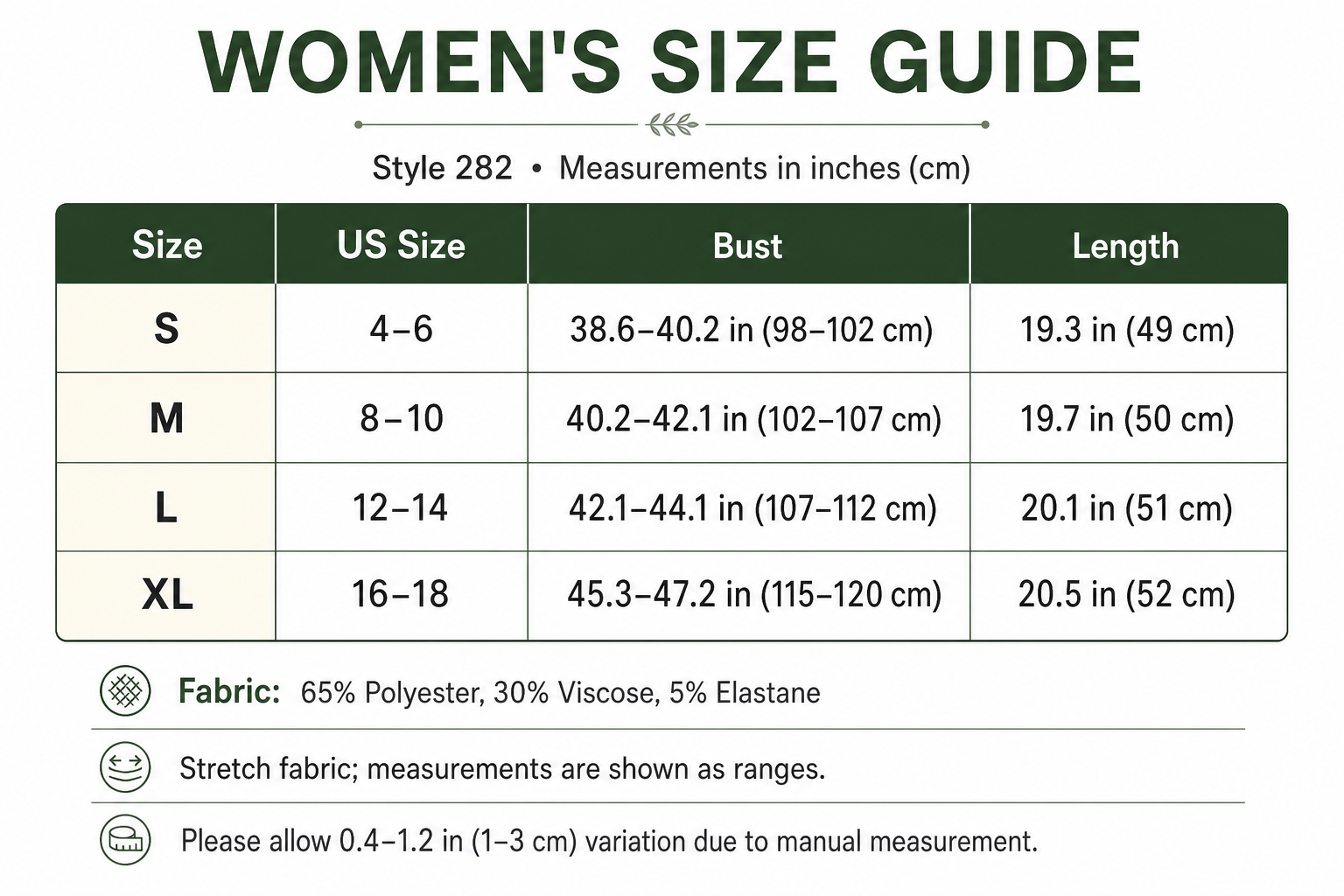 Style 282 women's US size guide