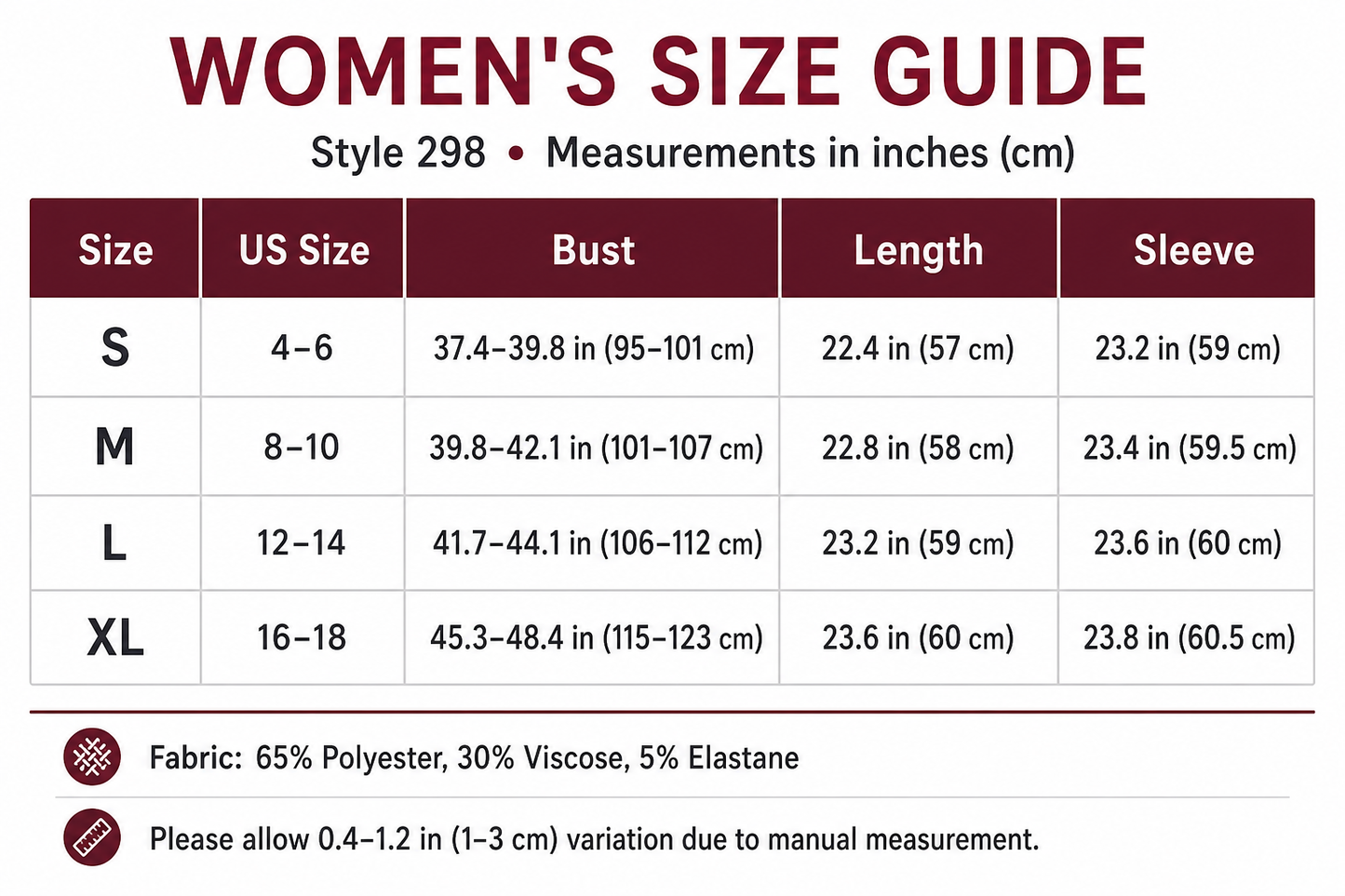 Style 298 women's US size guide