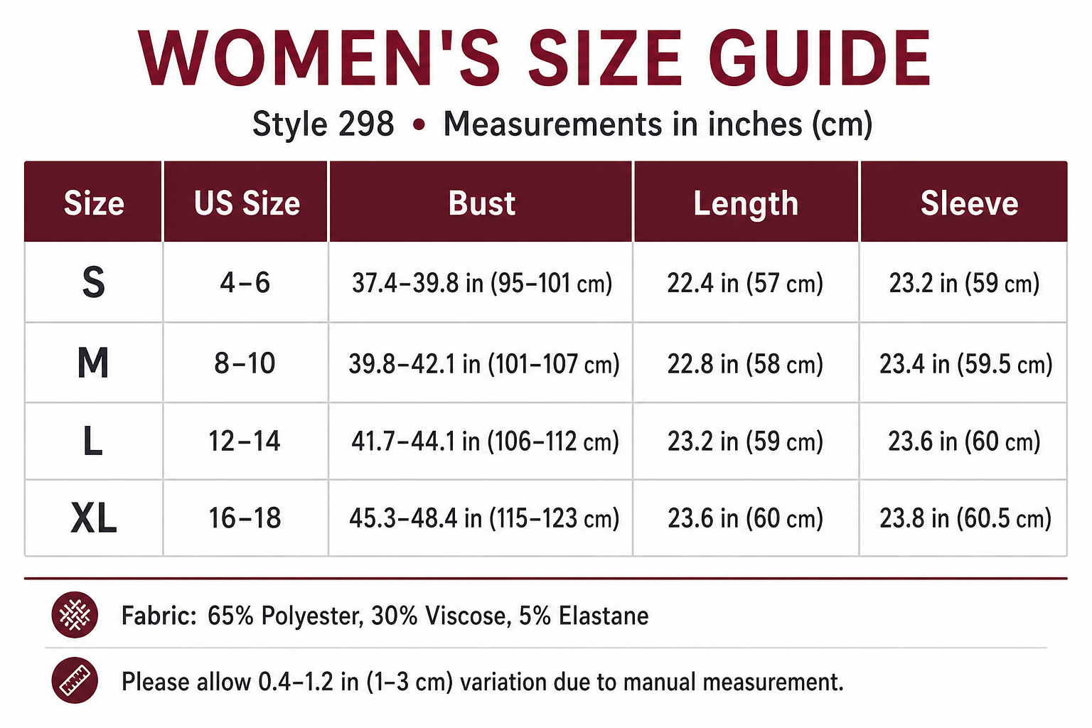 Style 298 women's US size guide