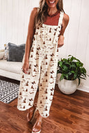 Beige Western Printed Button Adjustable Straps Loose Jumpsuit Dungarees