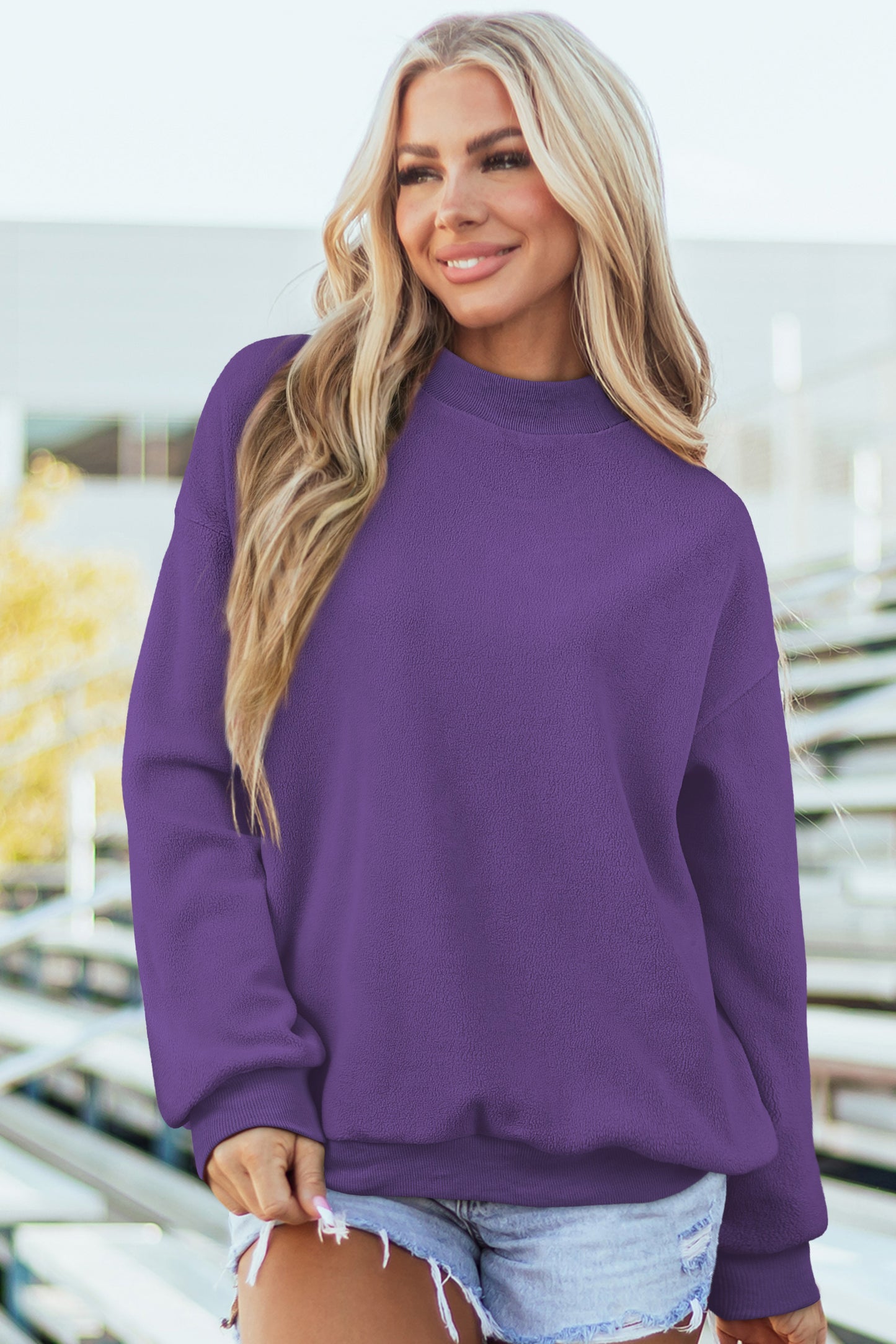 Dark Blue Oversize Drop Shoulder Reversible Mock Neck Sweatshirt
