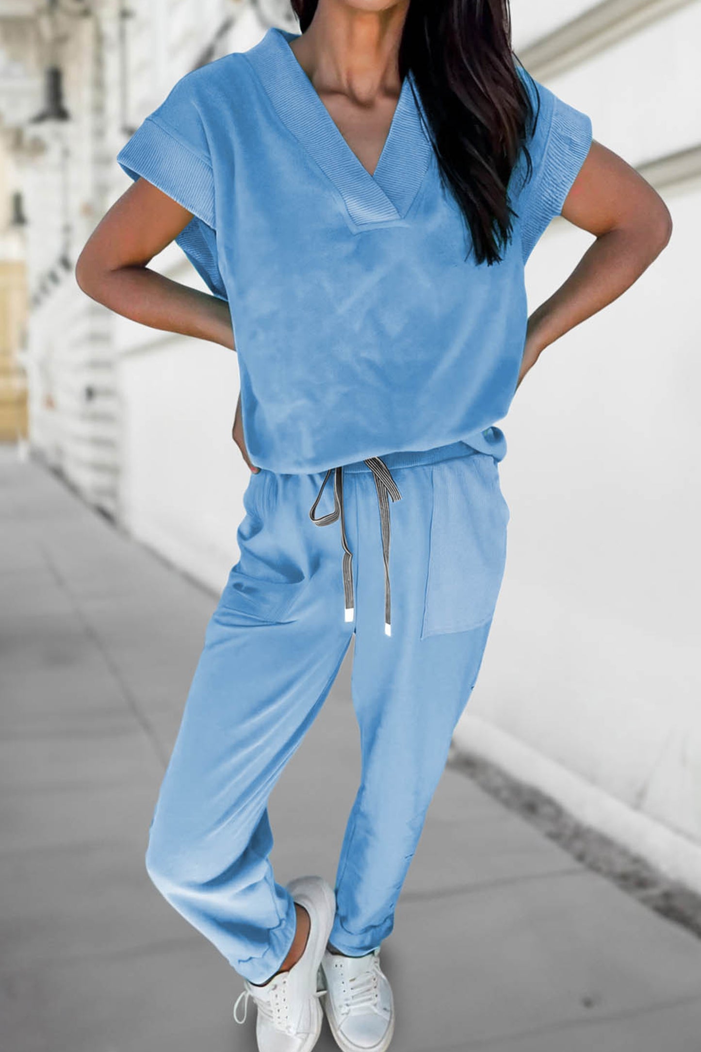 Mint Green Solid Color V Neck Tee Drawstring Pant Set
