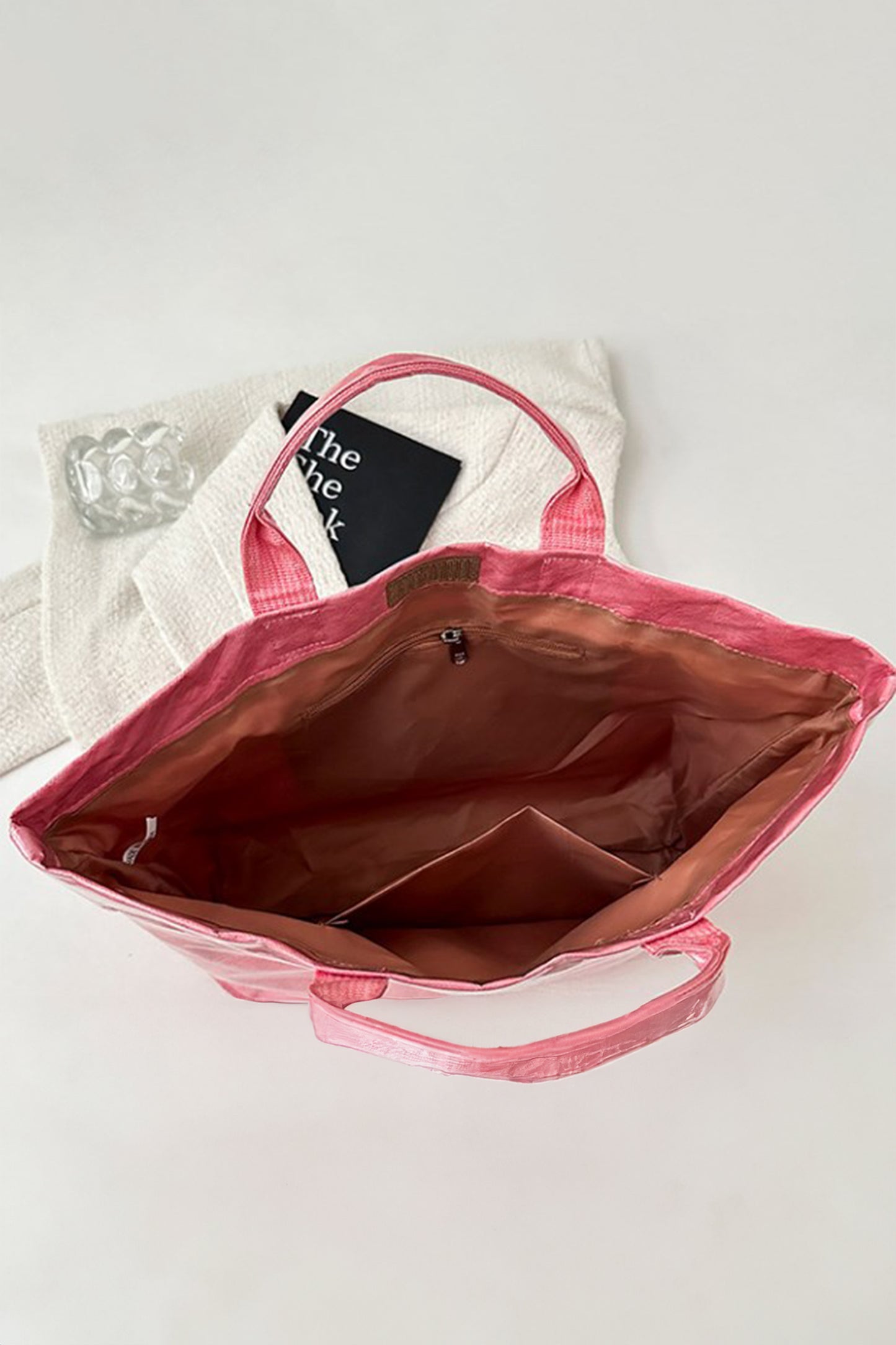 Pink Glossy Striped Vinyl Large Tote Bag (Color Varied)