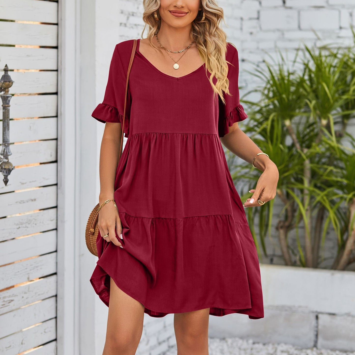 Women's V Neck Tiered Babydoll Dress – Loose Fit Ruffle Sleeve Summer Casual Mini Dress