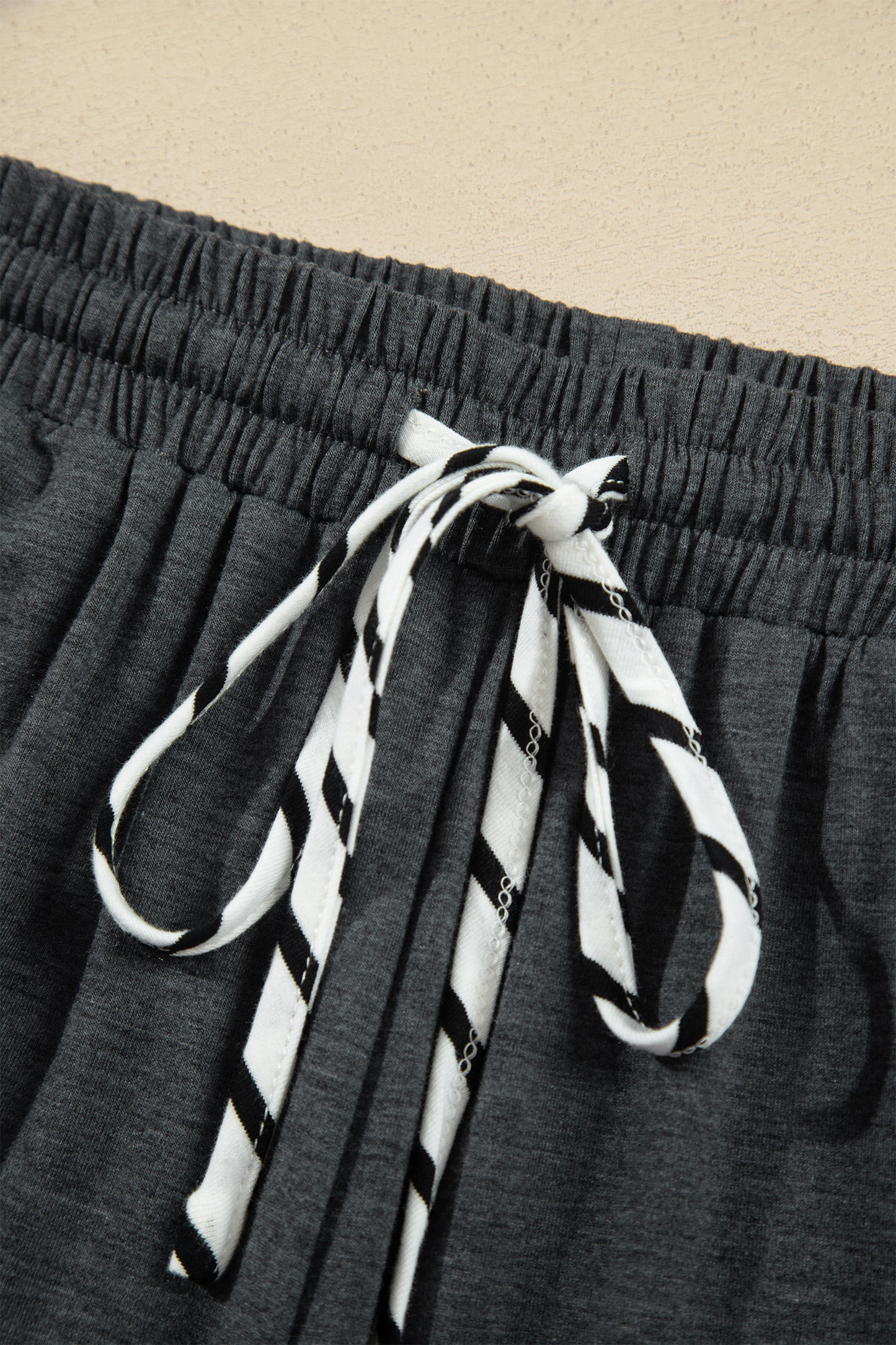 Gray Stripe V Neck Ruffle Contrast Sleeve Top Drawstring Pants 2pcs Set