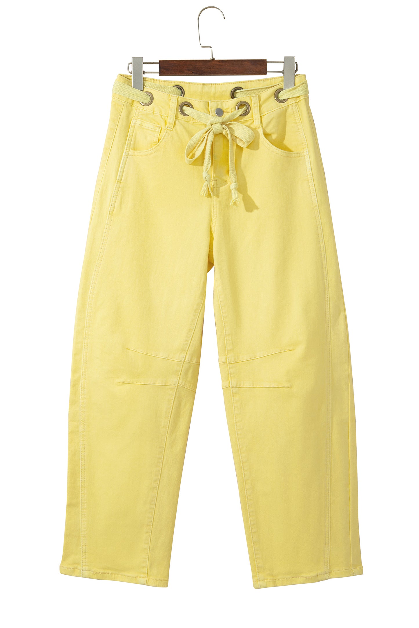 Light Pink Solid Color Grommet Detail Knot Waist Barrel Jeans