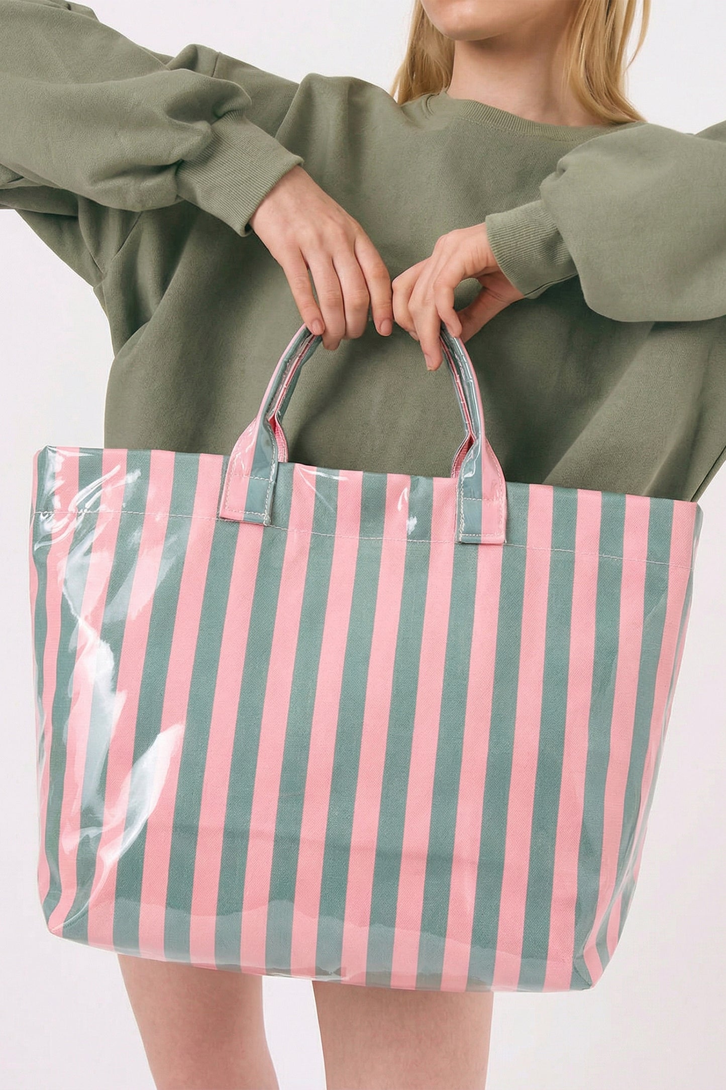 Pink Glossy Striped Vinyl Large Tote Bag (Color Varied)