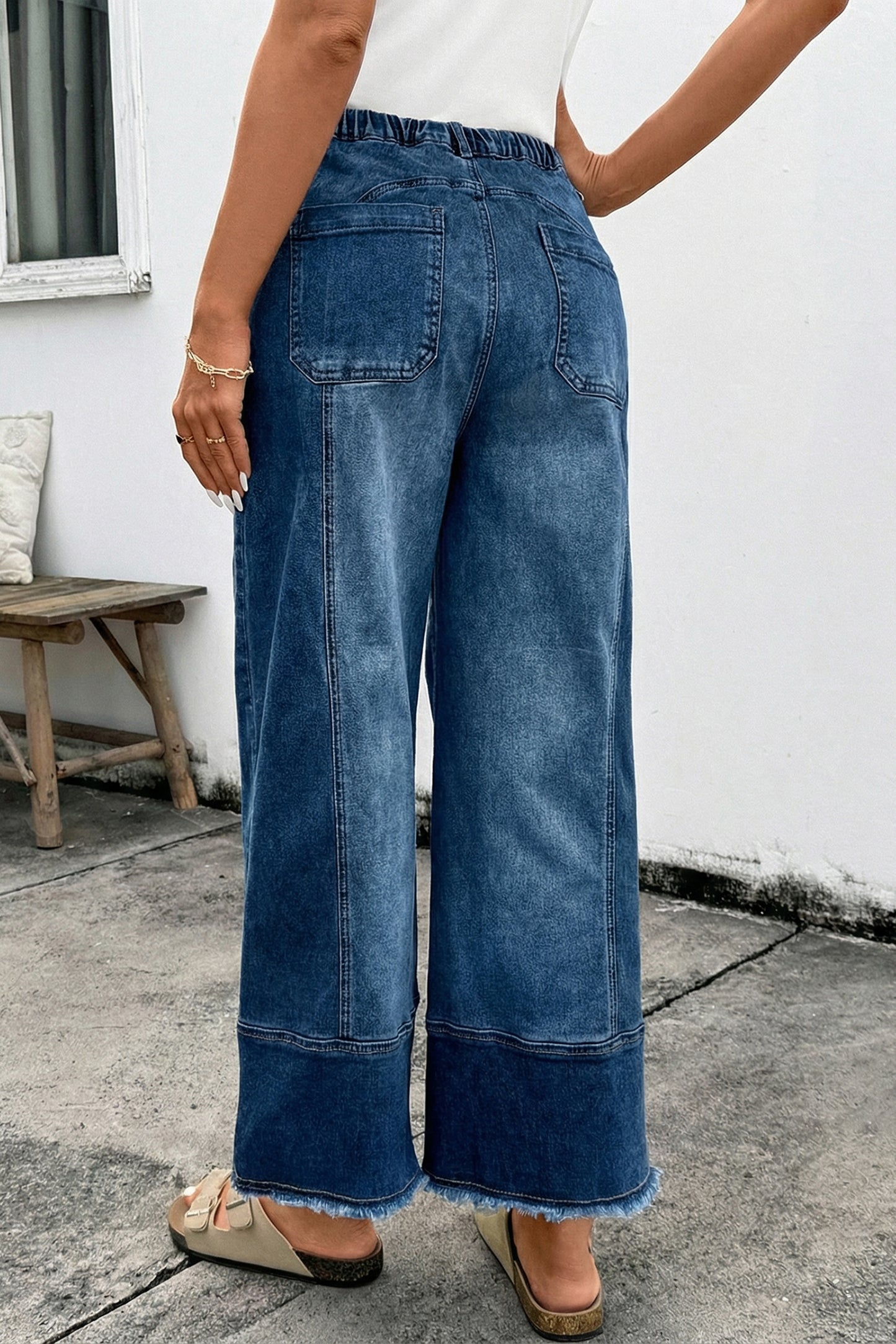 Beau Blue Drawstring Seam Detail Raw Hem Wide Leg Denim Pants