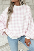 Light Blue Plaid Round Neck Long Sleeve Sweatshirt