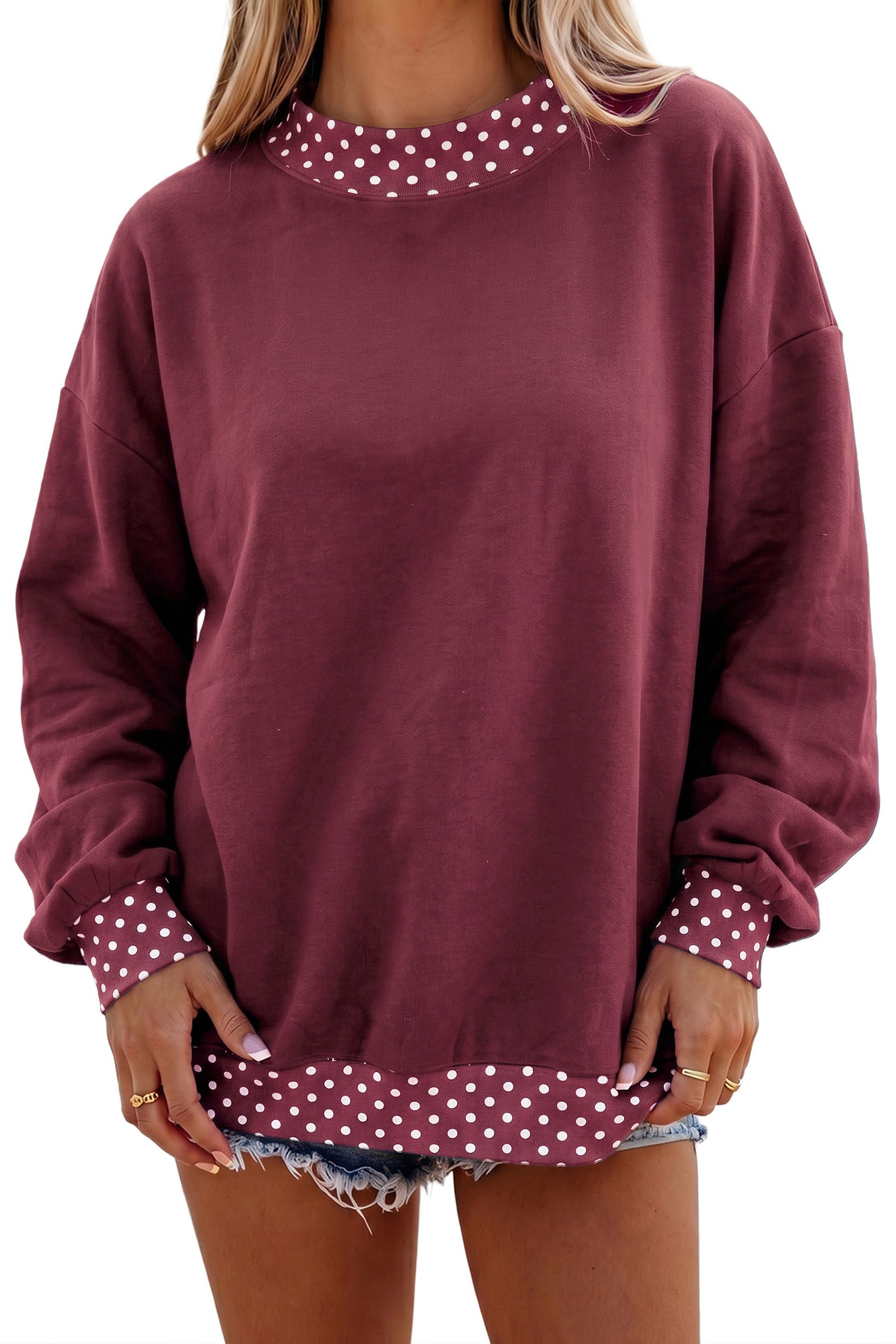 Orange Colorblock Polka Dot Contrast Trim Oversized Sweatshirt