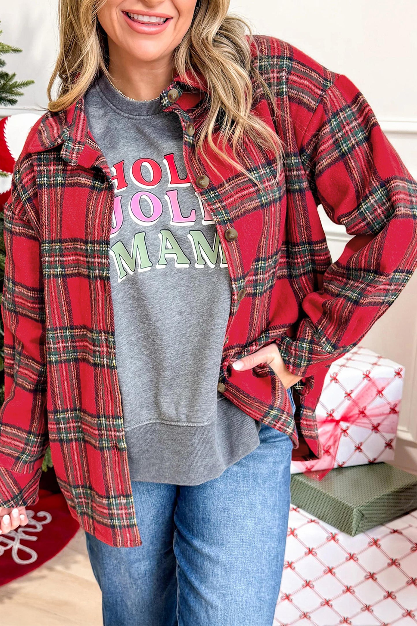 Red Plaid Button Front Shacket Outerwear